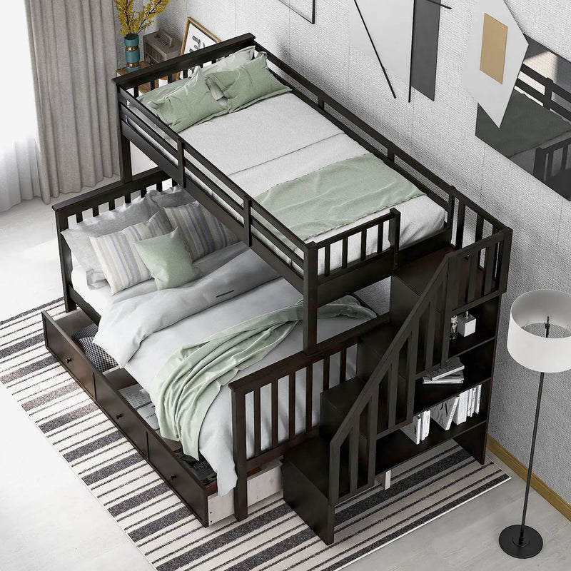 Stairway Bunk Bed With Storage And Guard Rail For Bedroom by HouseOfZazla
