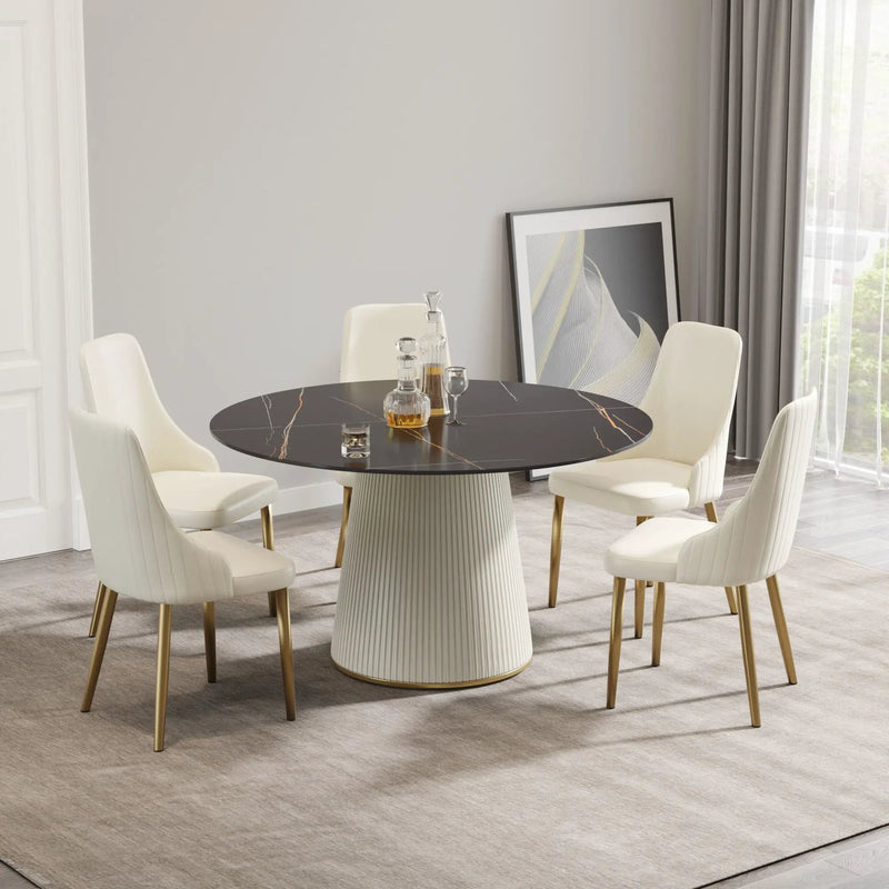 Modern Artificial Stone Round Plywood Base Dining Table, Can Accommodate 6 People, (Not Including Chairs) - Black / Beige by HouseOfZazla