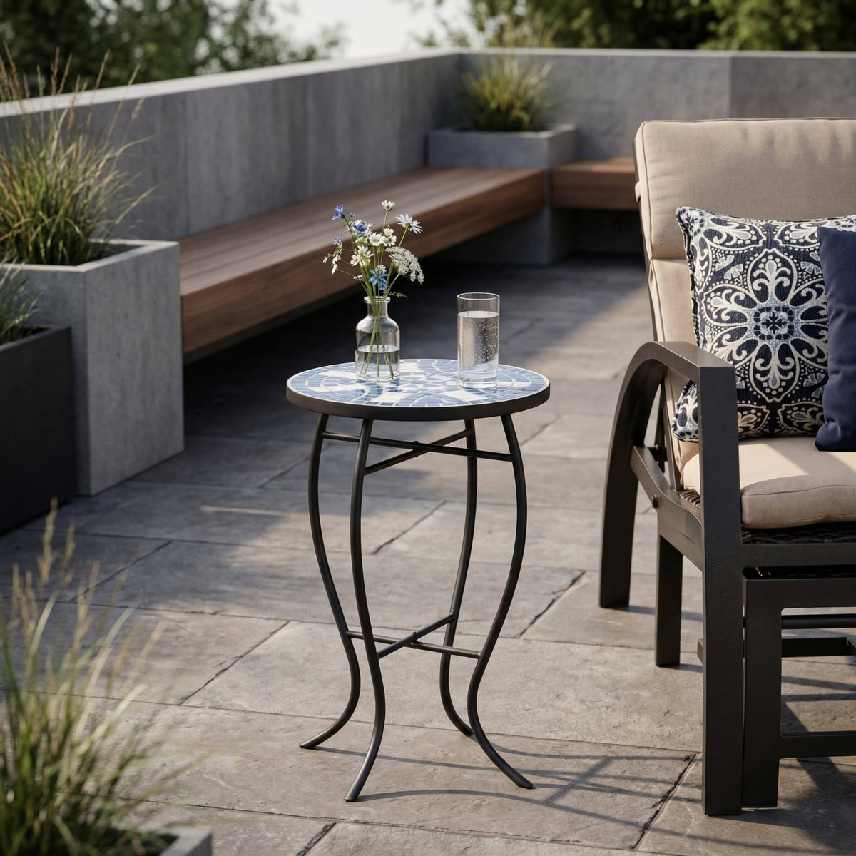 Outdoor Round Side Table with Mosaic-Style Top - White+Blue, photo 2 of 10