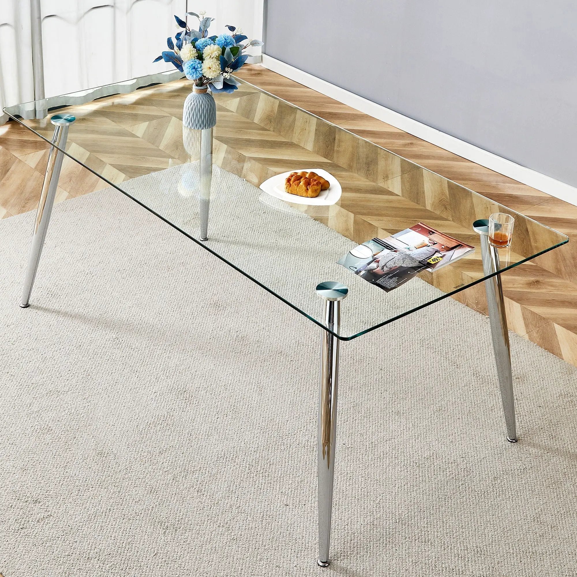 Modern Rectangular Glass Dining Table For 4-6 People With Tempered Glass Countertop by HouseOfZazla