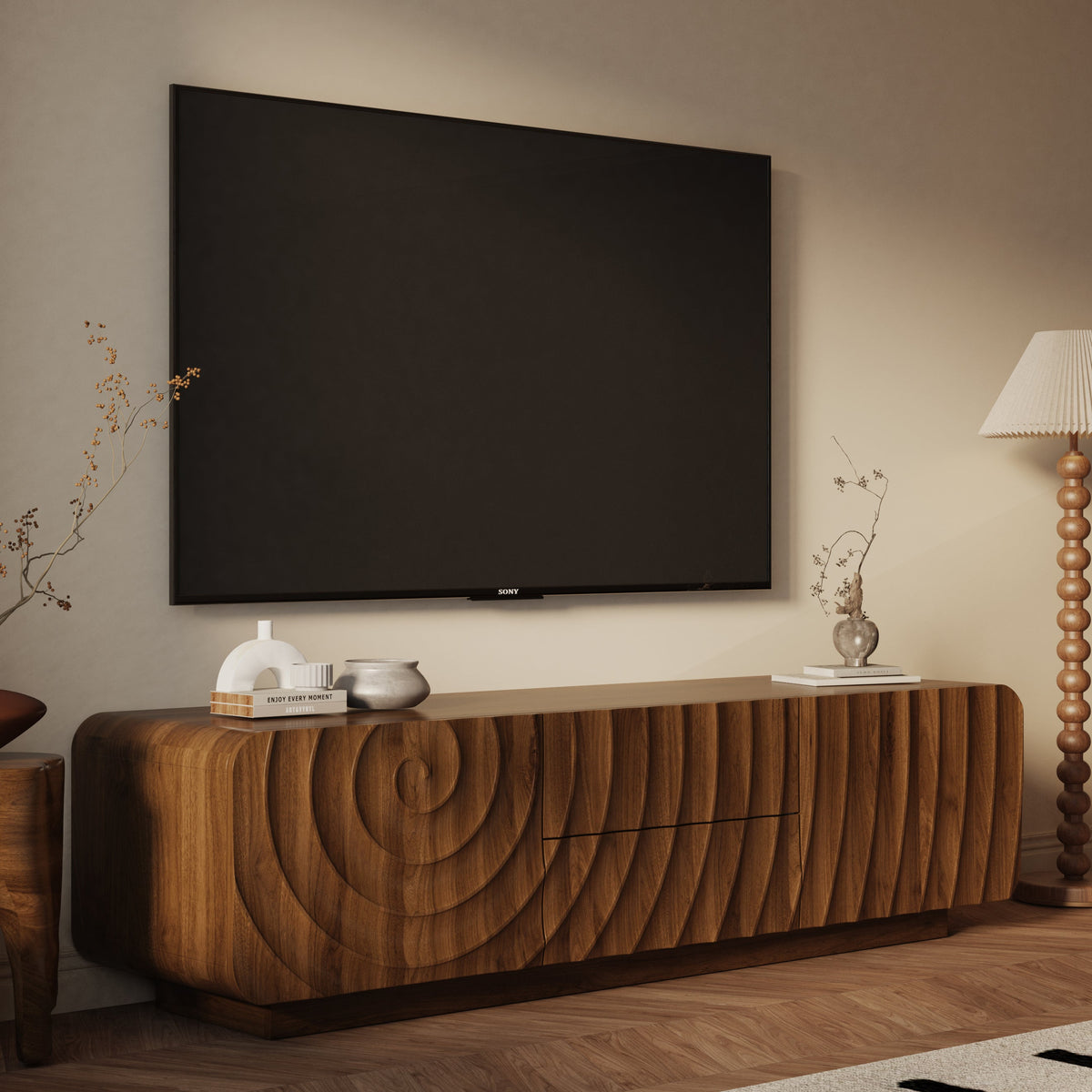 58" Spiral Wave TV Console with Storage Cabinet and 2 Drawers - Natural Finish