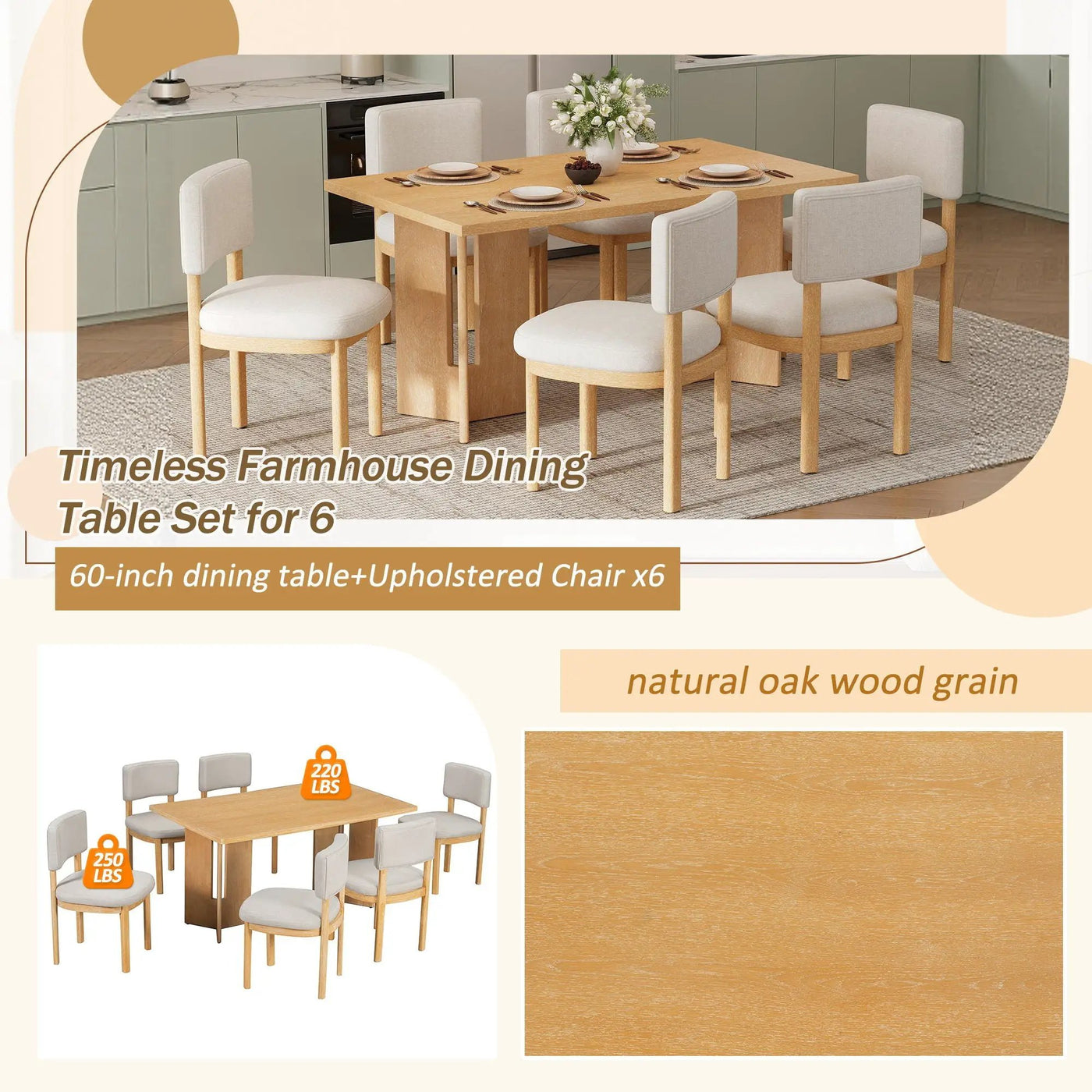 Dining Table Set With 6 Upholstered Chairs, Rectangular Table With Cutout Legs by Unique Piece Furniture