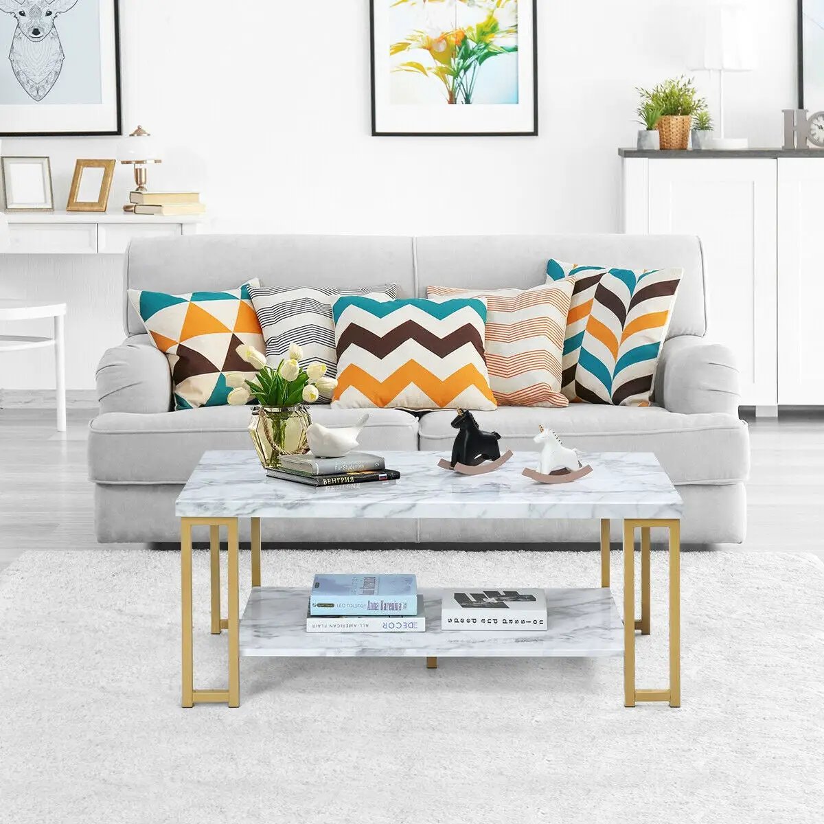 2-Tier Rectangular Modern Coffee Table with Gold Print Metal Frame by DirectDeals