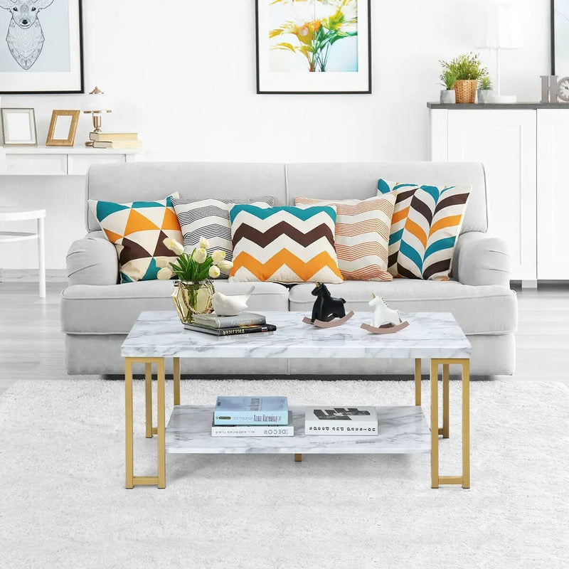 2-Tier Rectangular Modern Coffee Table with Gold Print Metal Frame by DirectDeals