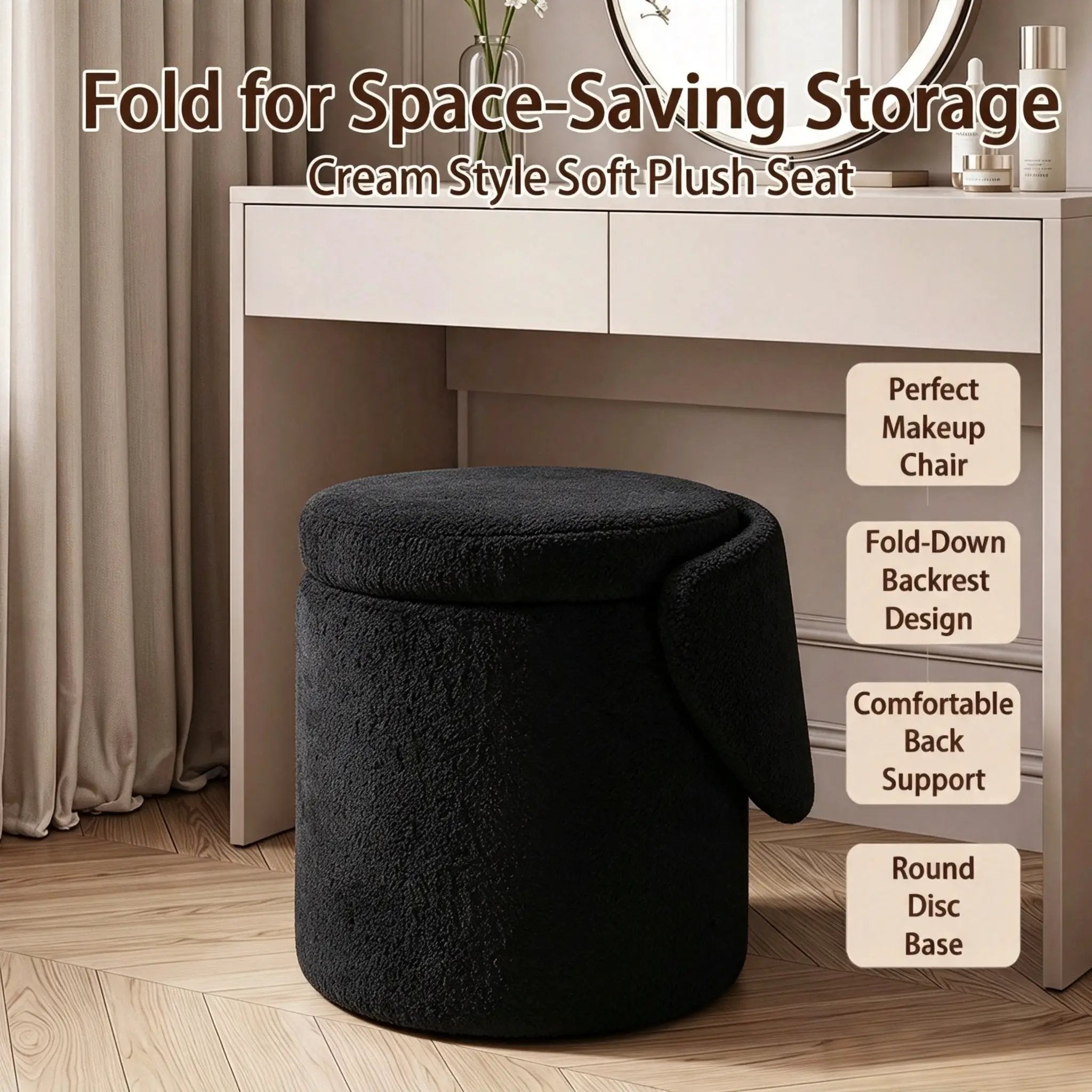 Upholstered Makeup Stool with Storage and Foldable Backrest by HouseOfZazla