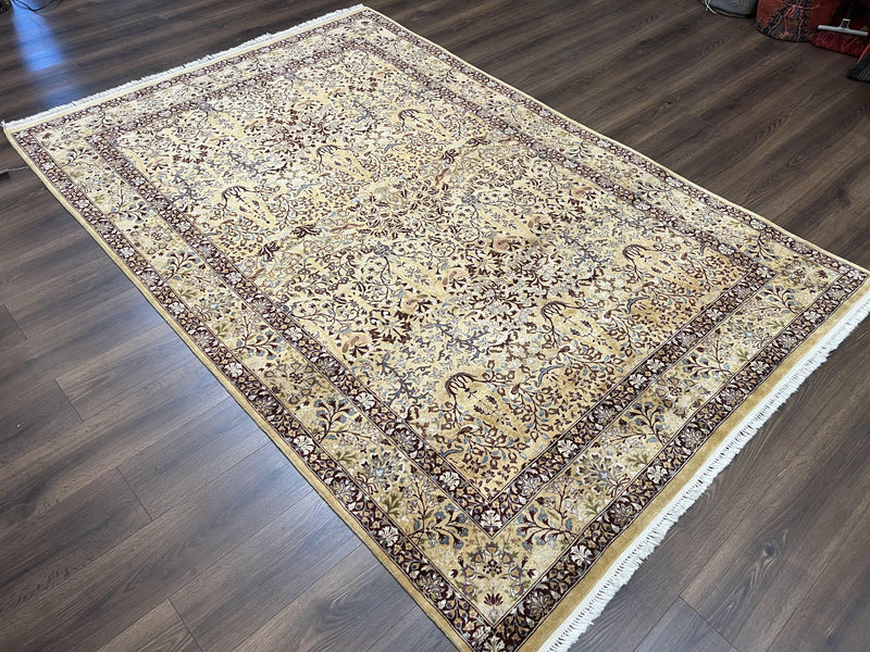 Pretty Indo Persian Rug 6x9, Allover Floral Motif with Birds, Tan/Cream, Very Fine Oriental Carpet, Hand Knotted Vintage Indian Wool Rug by Jewel Rugs