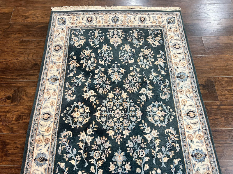 Green Indo Persian Rug 4x6, Floral Allover, Handmade Vintage Oriental Carpet, Sarouk Rug, Wool by Jewel Rugs