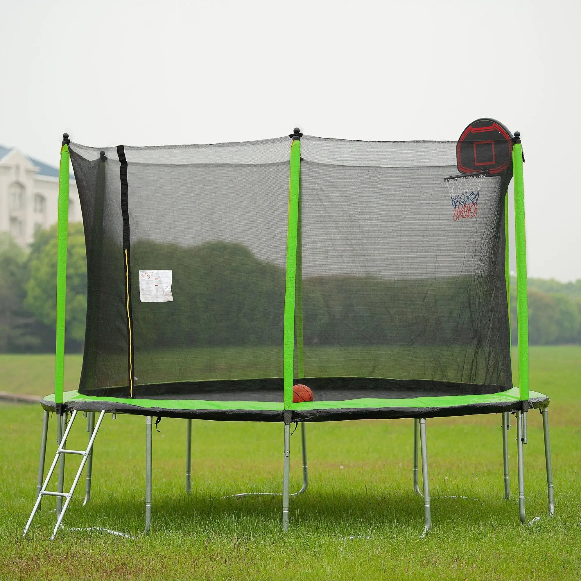 14Ft Trampoline With Basketball Hoop Inflator And Ladder (Inner Safety Enclosure) - Green by HouseOfZazla
