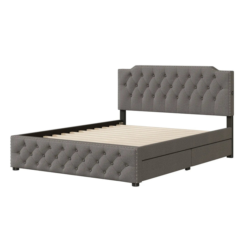 Upholstered Platform Bed With 2 Drawers And 2 Sets Of USB Ports On Each Side, Fabric by HouseOfZazla