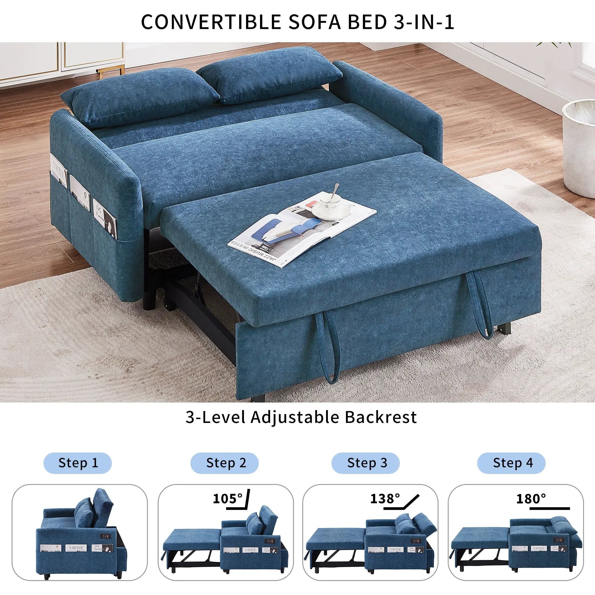 Pull Out Sleep Sofa Bed Loveseats Sofa Couch With Adjsutable Backrest, Storage Pockets, 2 Soft Pillows, USB Ports For Living Room, Bedroom, Apartment, Office by HouseOfZazla