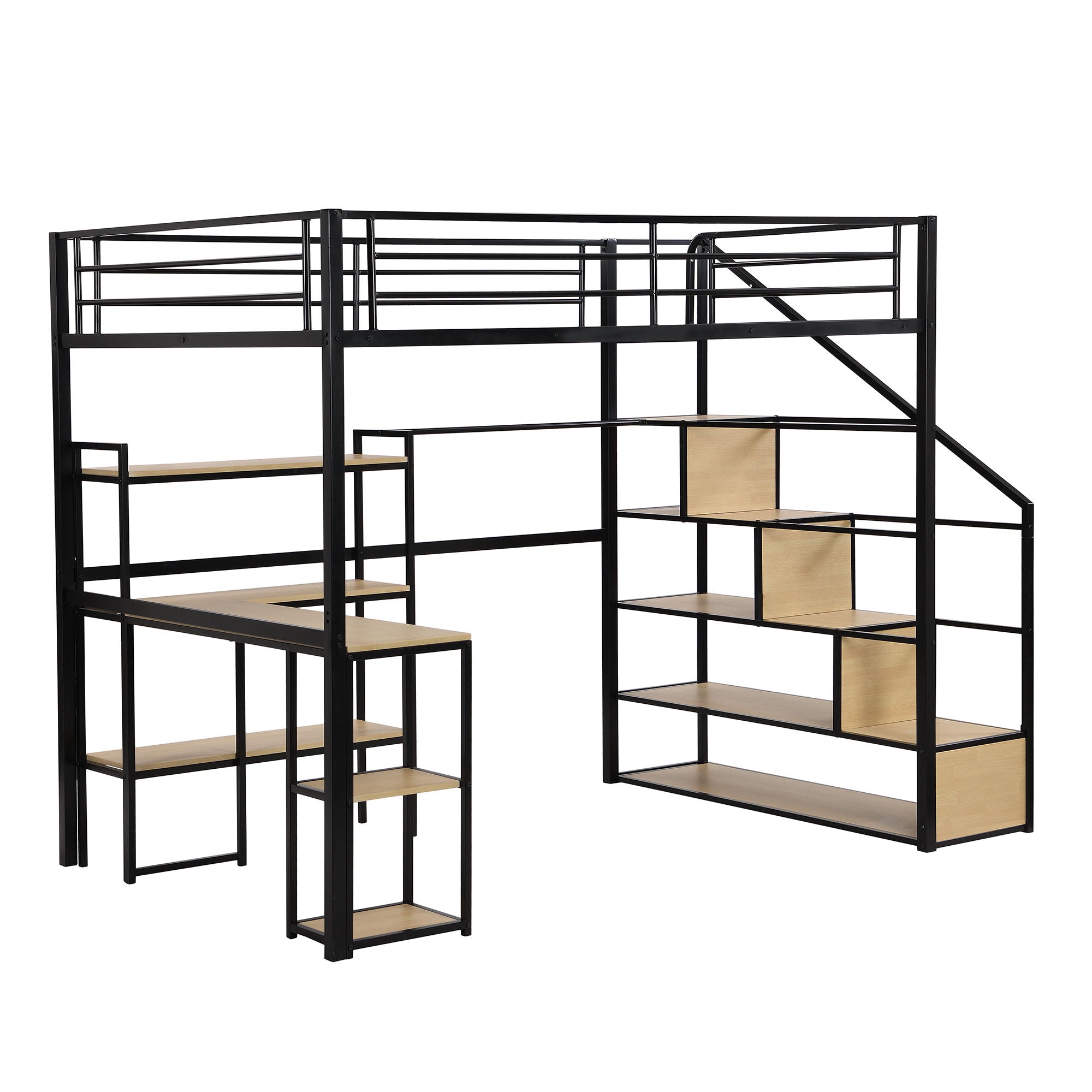 Full Size Loft Bed With Staircase, Built In Desk And Shelves And Sleeping Surface - Black by HouseOfZazla
