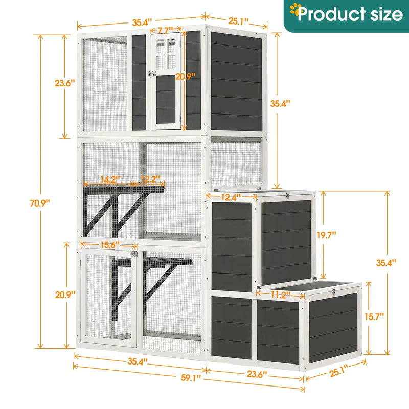 3 Tier Wooden Outdoor & Indoor Cat House Suitable For 1-3 Cats Cat Enclosure Resting Box With 4 Platforms And 2 Doors Cat Shelter Kitty House With A Jump Box For Hiding And Resting Cat Cage - Gray by HouseOfZazla