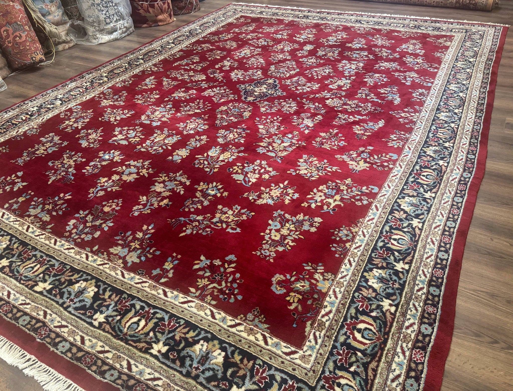 Indo Persian Sarouk Rug 10x14, Large Red and Navy Blue Carpet, Traditional Floral Wool Rug by Jewel Rugs