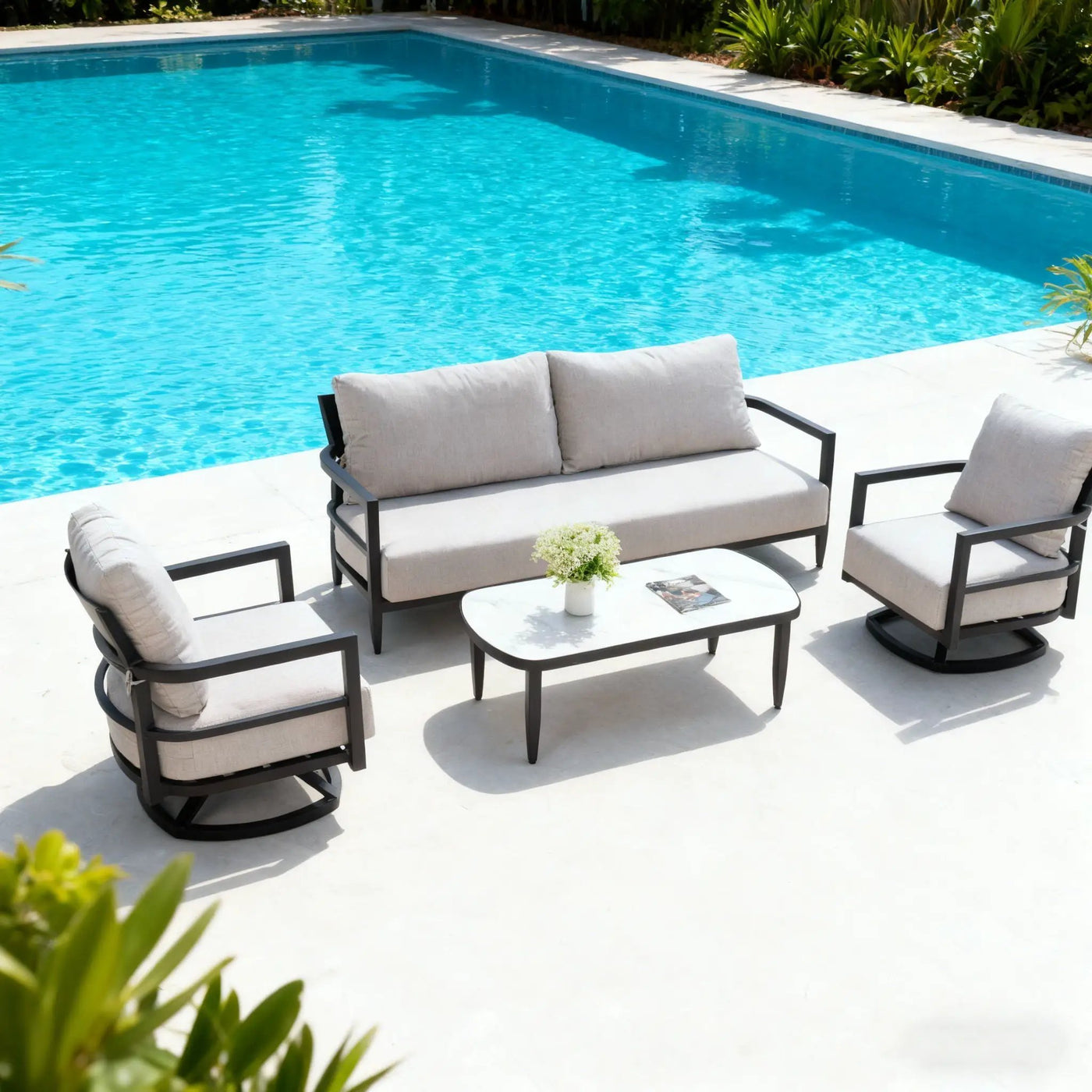 Outdoor Conversation Set With Chairs, Bench Sofa, Tables, Sunbrella Cushions by HouseOfZazla
