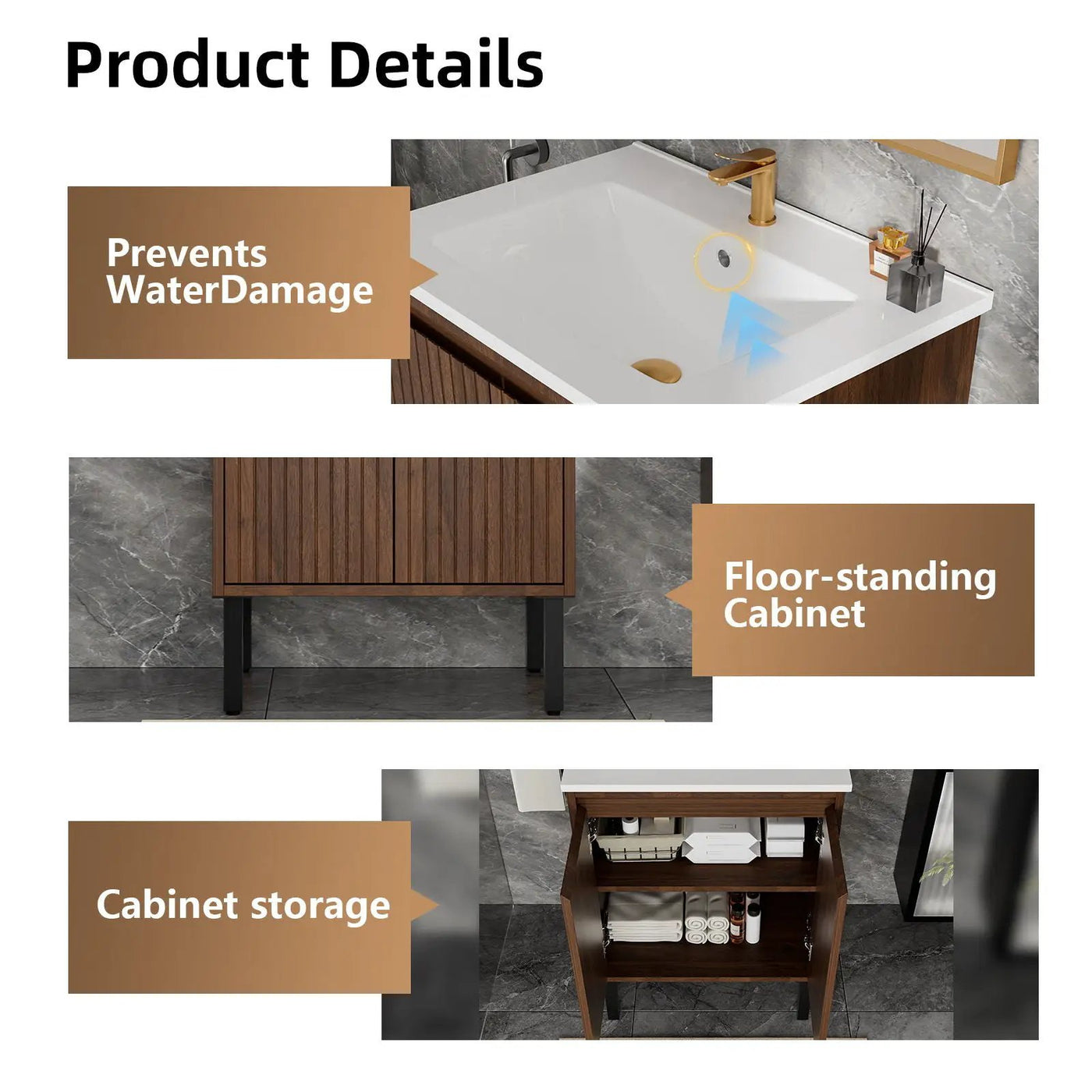 Bathroom Vanity With Ceramic Sink, Floor-Standing Design, Soft-Closing Drawers by HouseOfZazla