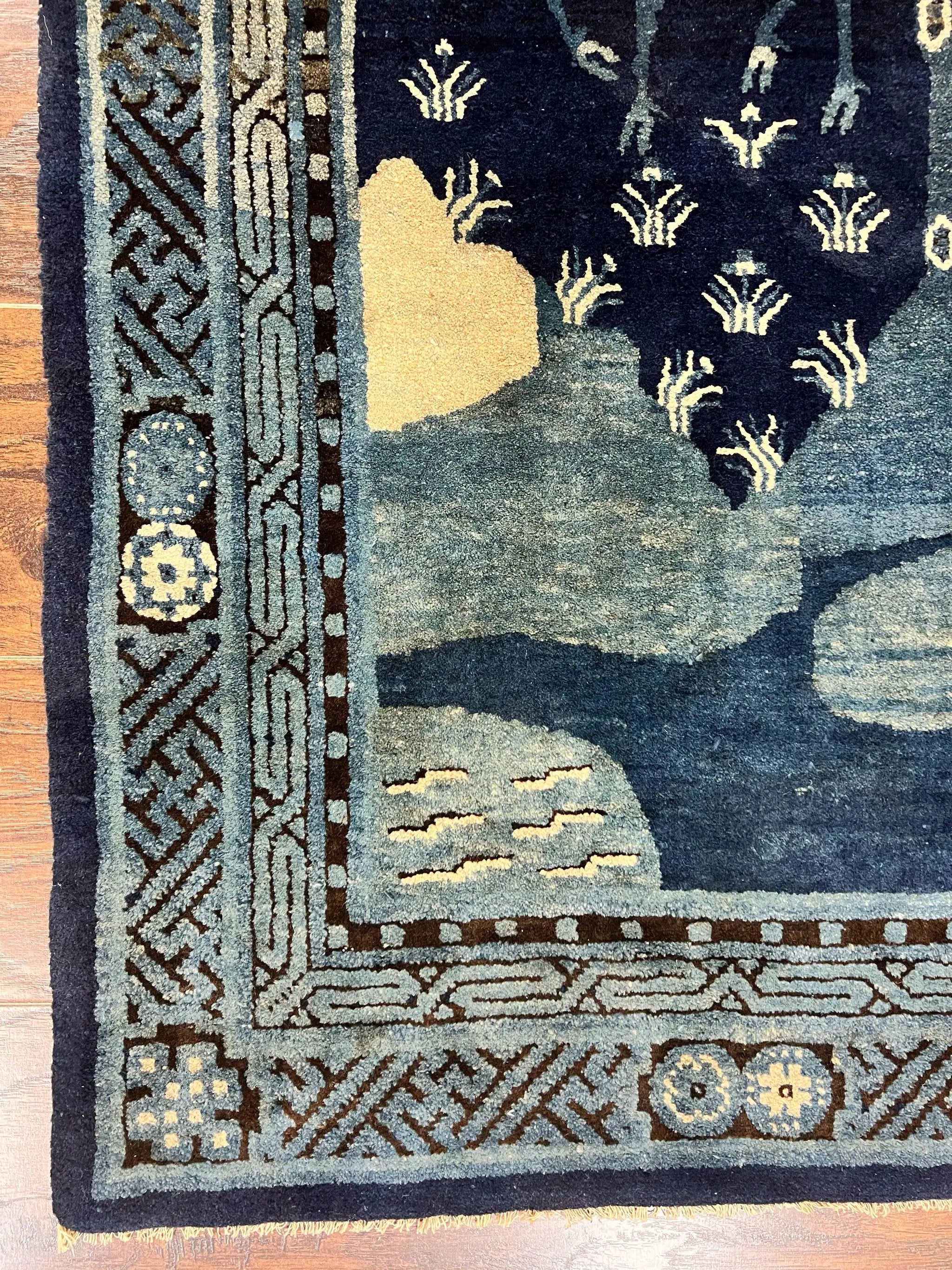 Antique Chinese Peking Rug 3x5, Dark Blue Chinese Wool Rug 3 x 5, Animal Pictorials Deer Birds, Handmade Asian Oriental Chinese Carpet by Jewel Rugs