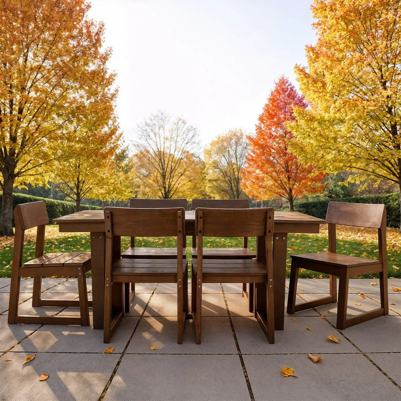 7 Piece Outdoor Dining Set For 6, Table With Umbrella Hole & 6 Armless Chairs For Backyard - Brown by HouseOfZazla