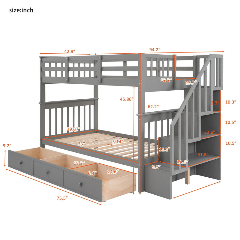 Stairway Bunk Bed With Storage And Guard Rail For Bedroom by HouseOfZazla
