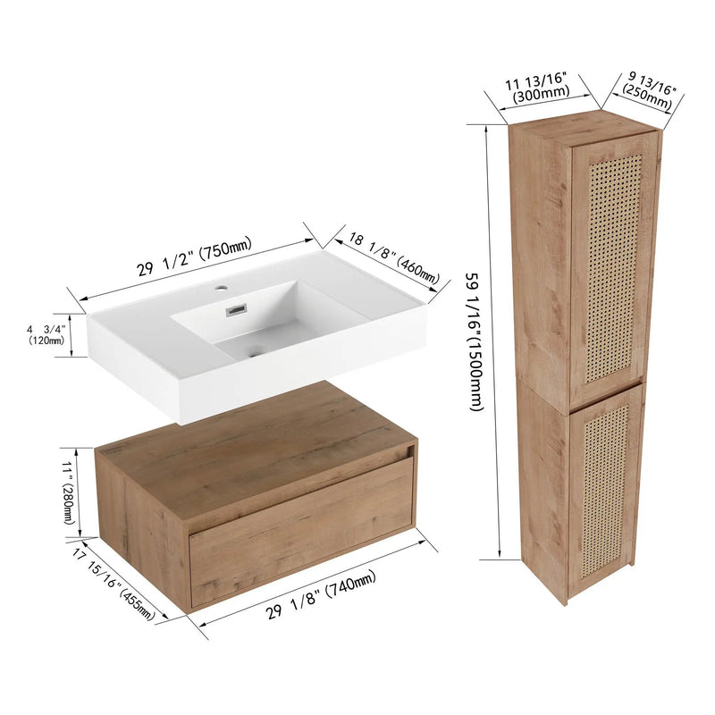 Modern Imitative Wall Mounted Bathroom Vanity With Resin Sink & 2 Side Cabinet, Soft Close Drawer - Imitative Oak by Unique Piece Furniture