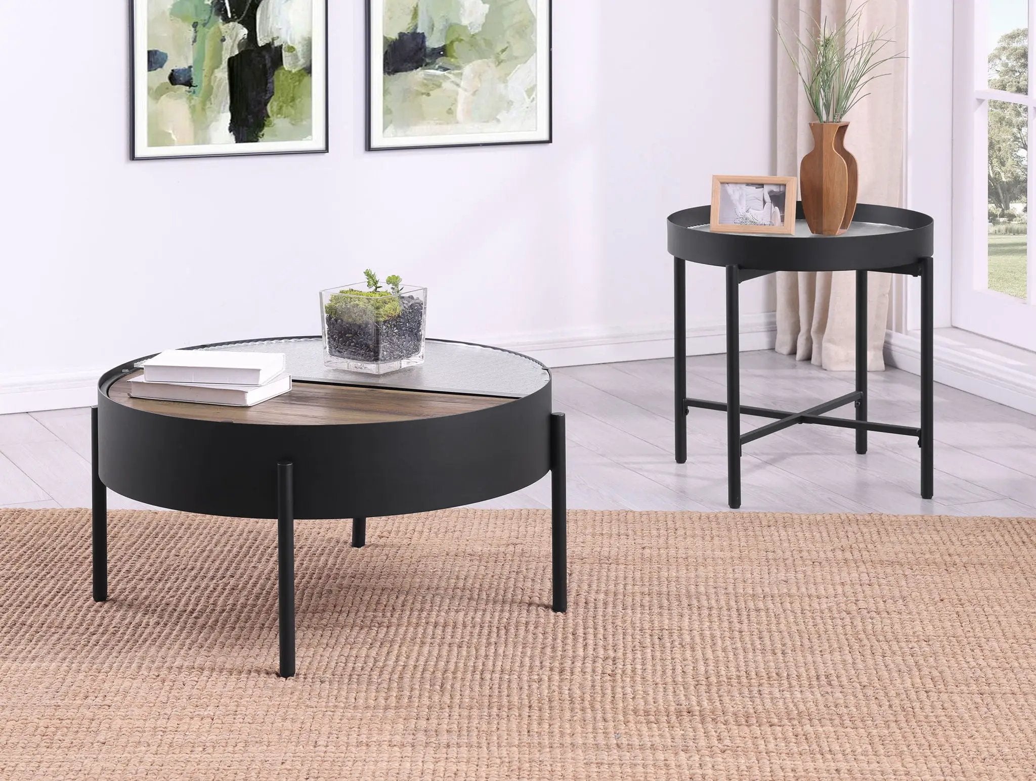 Ozella Round End Side Table with Recessed Top Sandy Black by Unique Piece Furniture