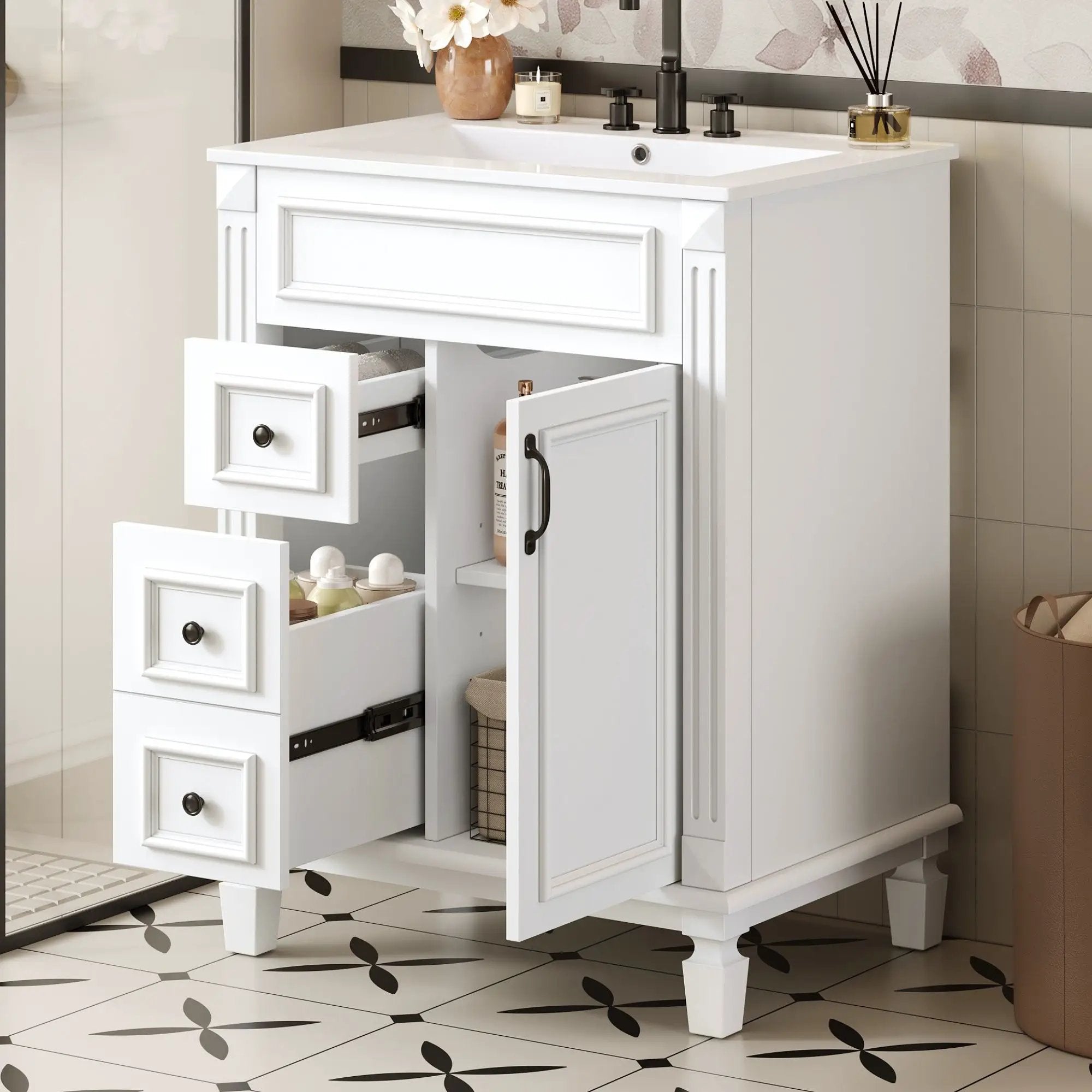 Bathroom Vanity With Sink, Compact Cabinet & 2 Drawers And Adjustable Shelf by Unique Piece Furniture