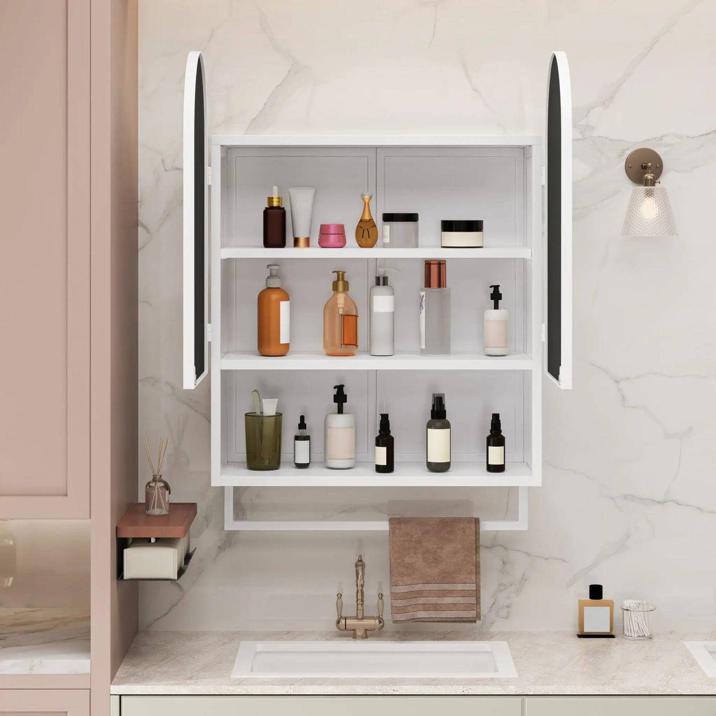 Double Arched Mirror Wall Cabinet With 2 Doors, Featuring Adjustable Shelves And Towel Rack by HouseOfZazla