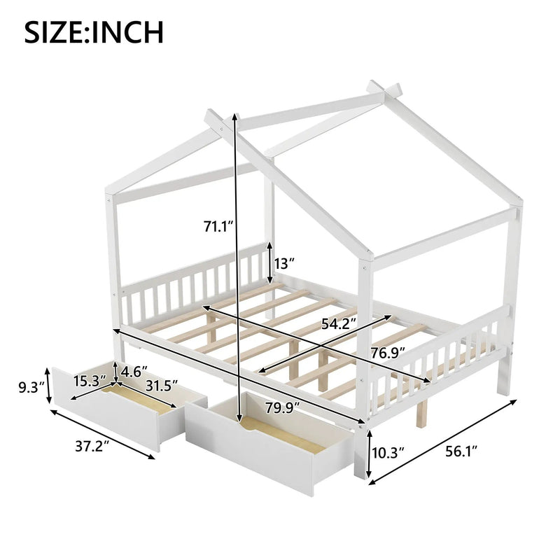 House Style Platform Bed With Headboard, Footboard, 2 Drawers, And Roof Design by HouseOfZazla