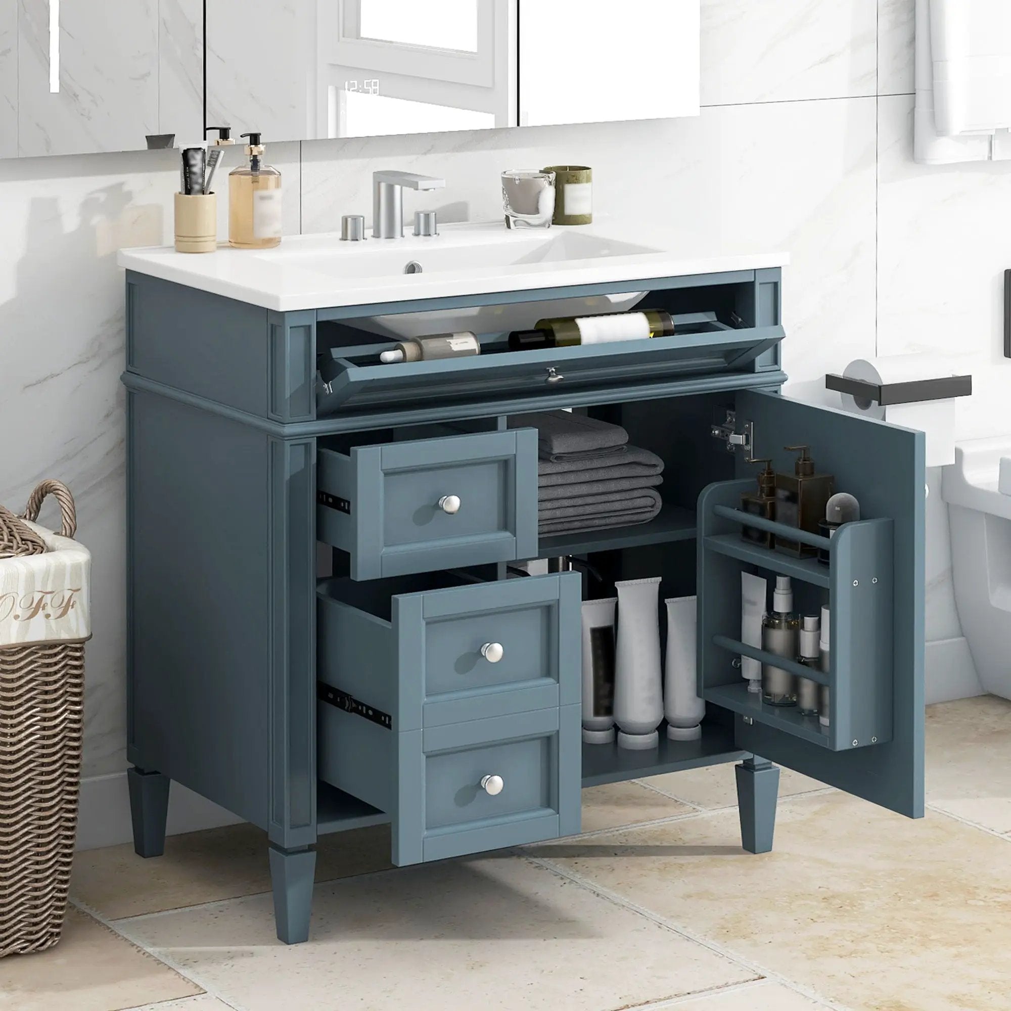 Bathroom Vanity With Top Sink, Storage Cabinet With 2 Drawers And Tip Out Drawer, Rectangular Design - Blue by Unique Piece Furniture
