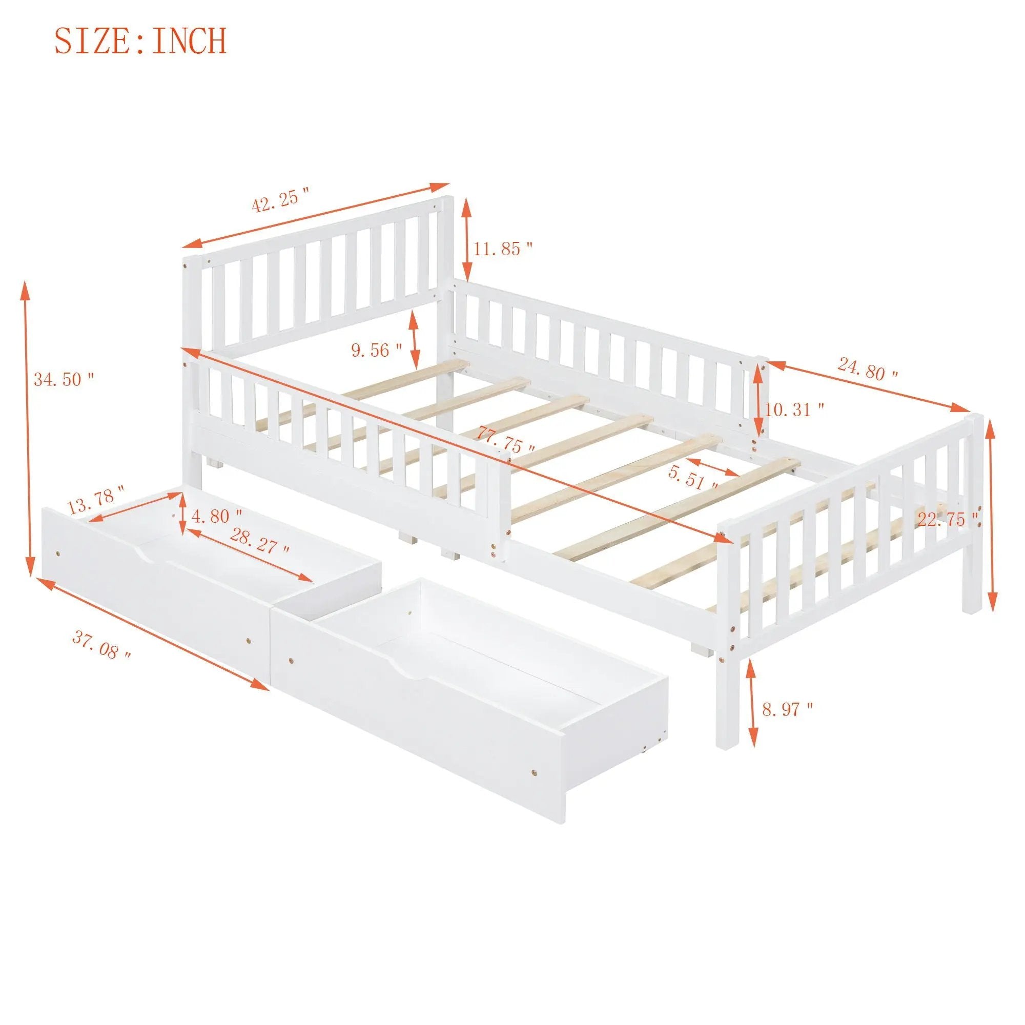 Platform Bed With Guardrails On Both Sides And 2 Storage Drawers by HouseOfZazla