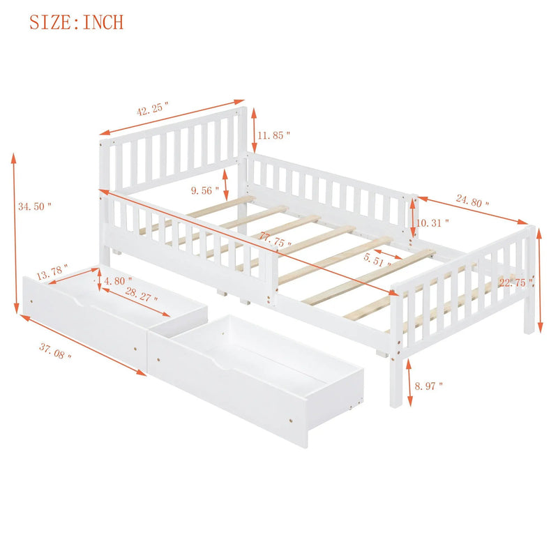 Platform Bed With Guardrails On Both Sides And 2 Storage Drawers by HouseOfZazla