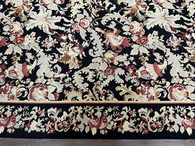 Wool Needlepoint Rug 9x12, William Morris Vintage Chinese Needlepoint Carpet 9 x 12, Handwoven, Allover Floral Area Rug, Black Light Green by Jewel Rugs