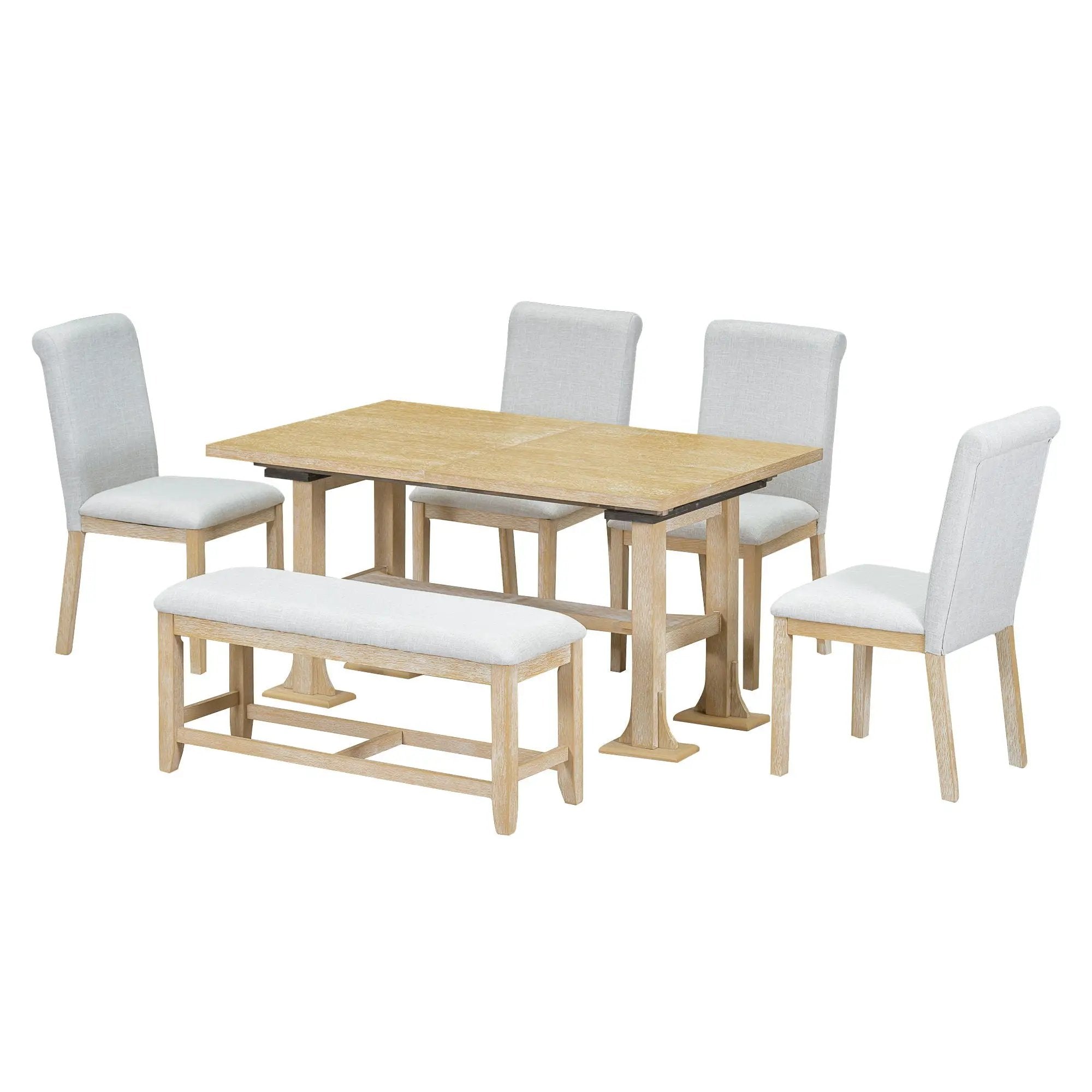 Topmax - 6 Piece Farmhouse Extendable Dining Table Set Trestle Kitchen Table Set With Removable Leaf And Upholstered Dining Chair And Bench For Dining Room by Unique Piece Furniture