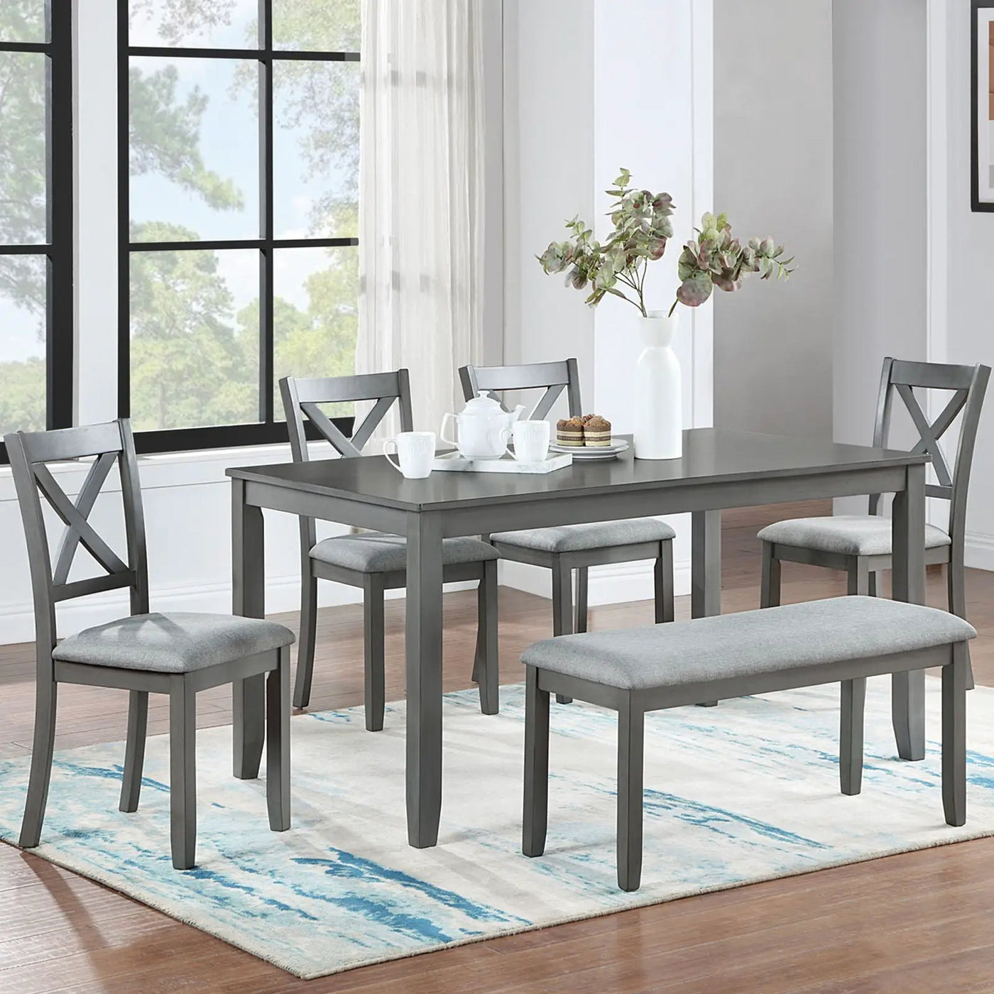 6 Pieces Kitchen Dining Set, Rectangular Wooden Dining Table With 4 Chairs And A Bench by HouseOfZazla