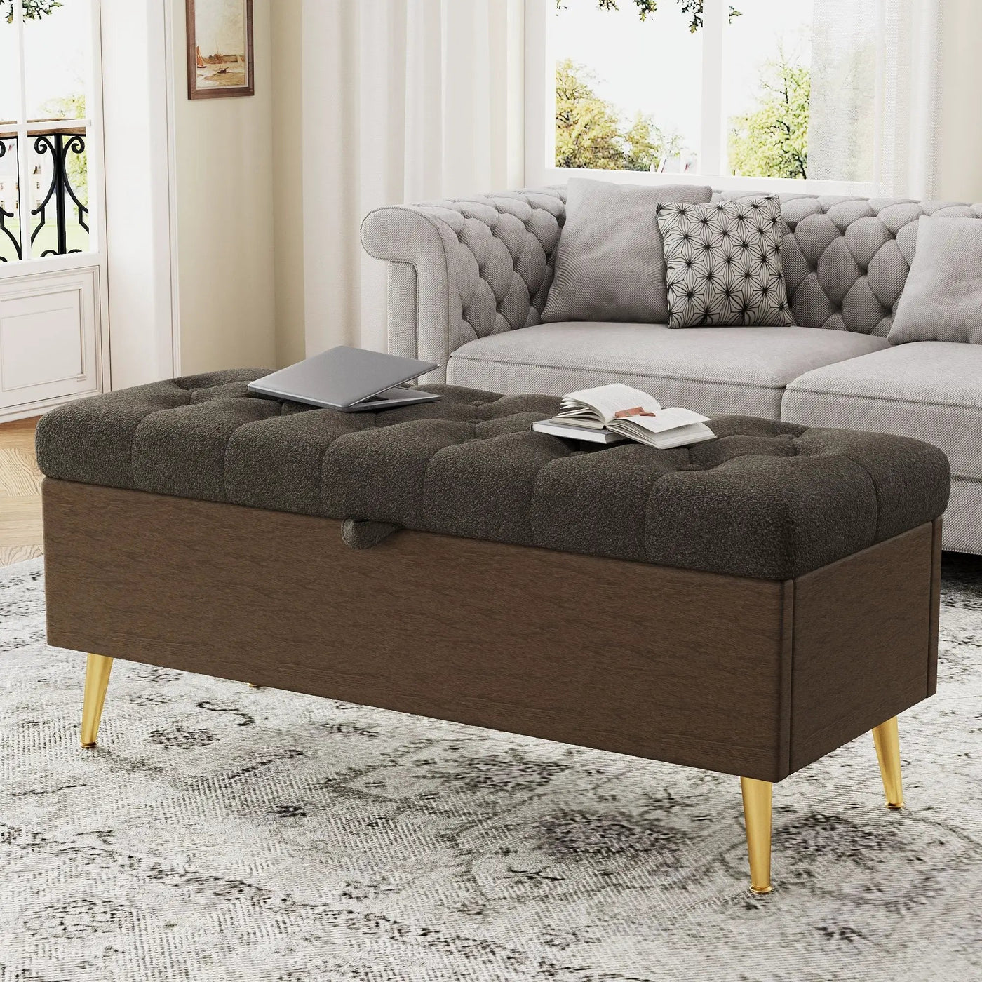 Modern Tufted Storage Ottoman Bench with Metal Legs by HouseOfZazla