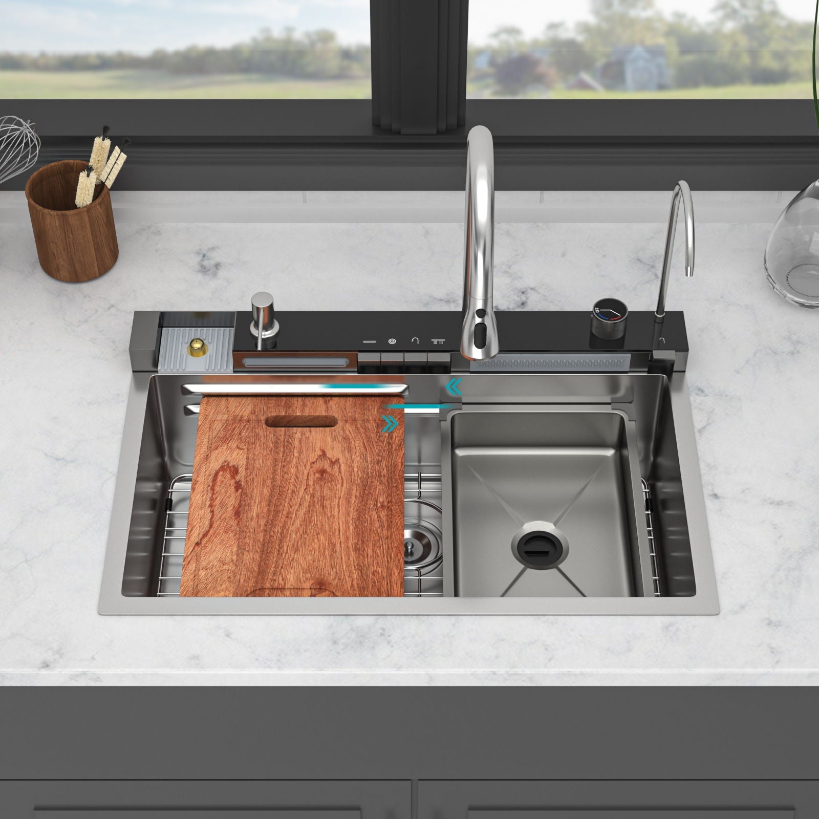 Kitchen Waterfall Sink Single Bowl With LED Faucet, Ledge Workstation, And Multi Function Pull Out Spray - Brushed Nickel by HouseOfZazla