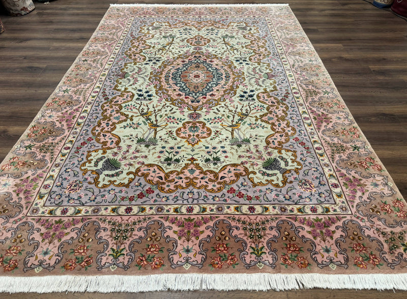 Wonderful Persian Tabriz Rug 7x10, Very Fine 330 KPSI, Light Green Light Blue Pink, Kork Wool Silk Foundation, Bird Pictorials by Jewel Rugs