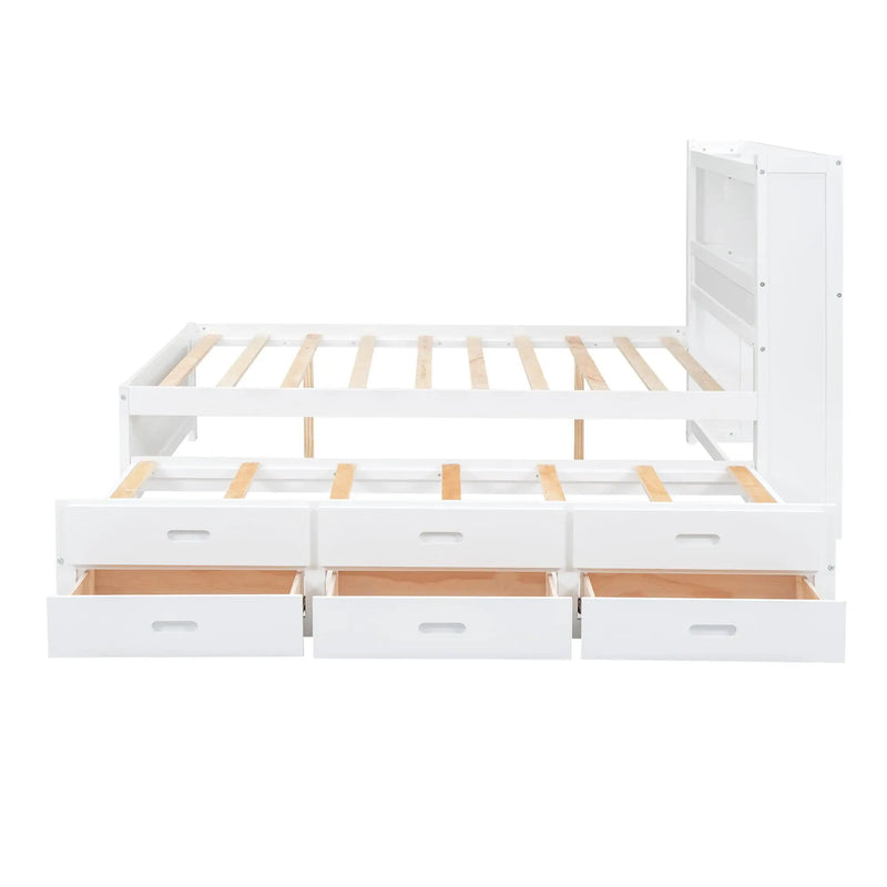 Full Size Platform Bed With Trundle, Drawers, USB Ports And Built In Shelves - White by HouseOfZazla