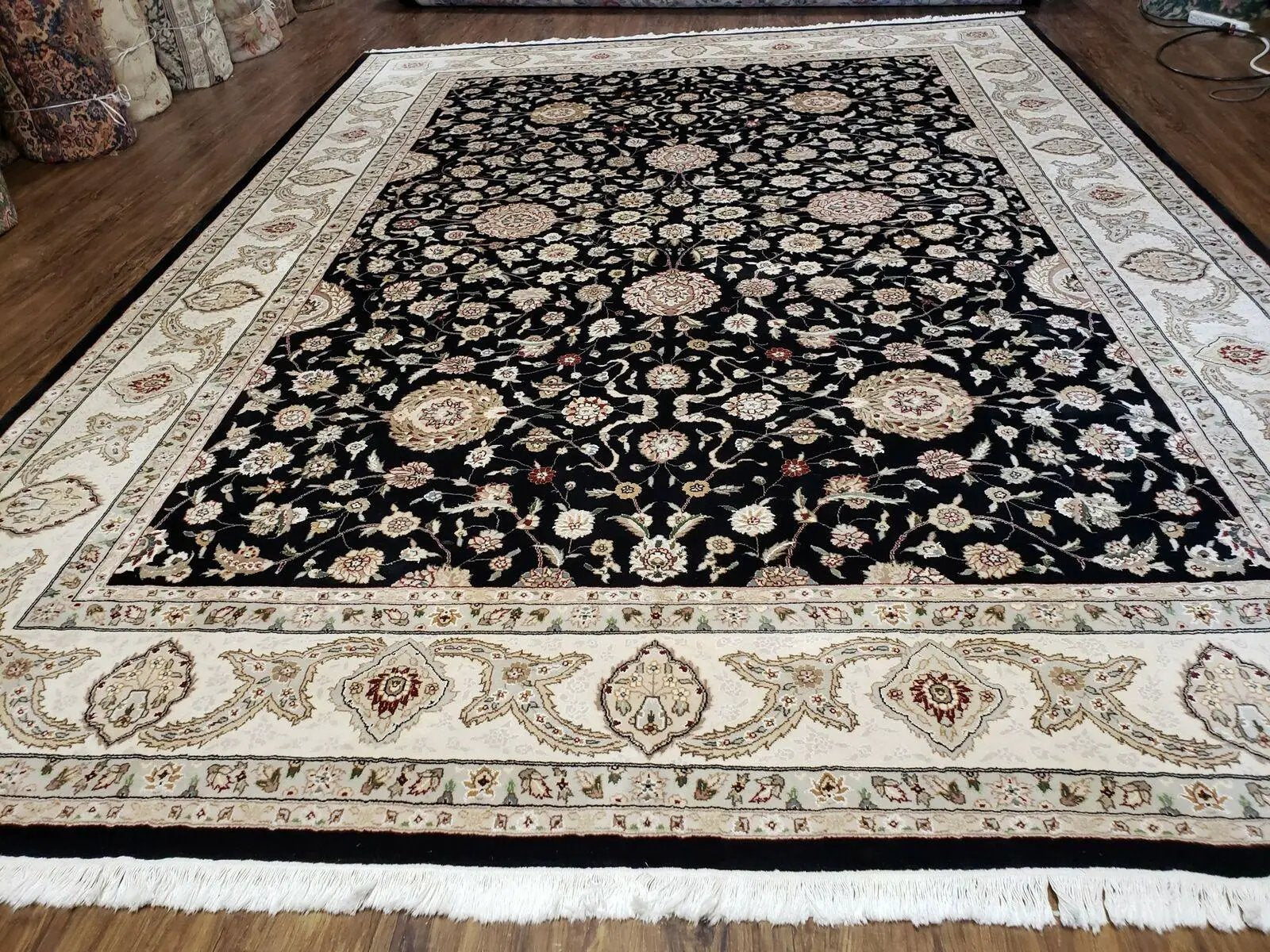 8' 5" X 11' 6" Vintage Handmade Oriental Floral Wool Rug Silk Accent Black Nice by Jewel Rugs