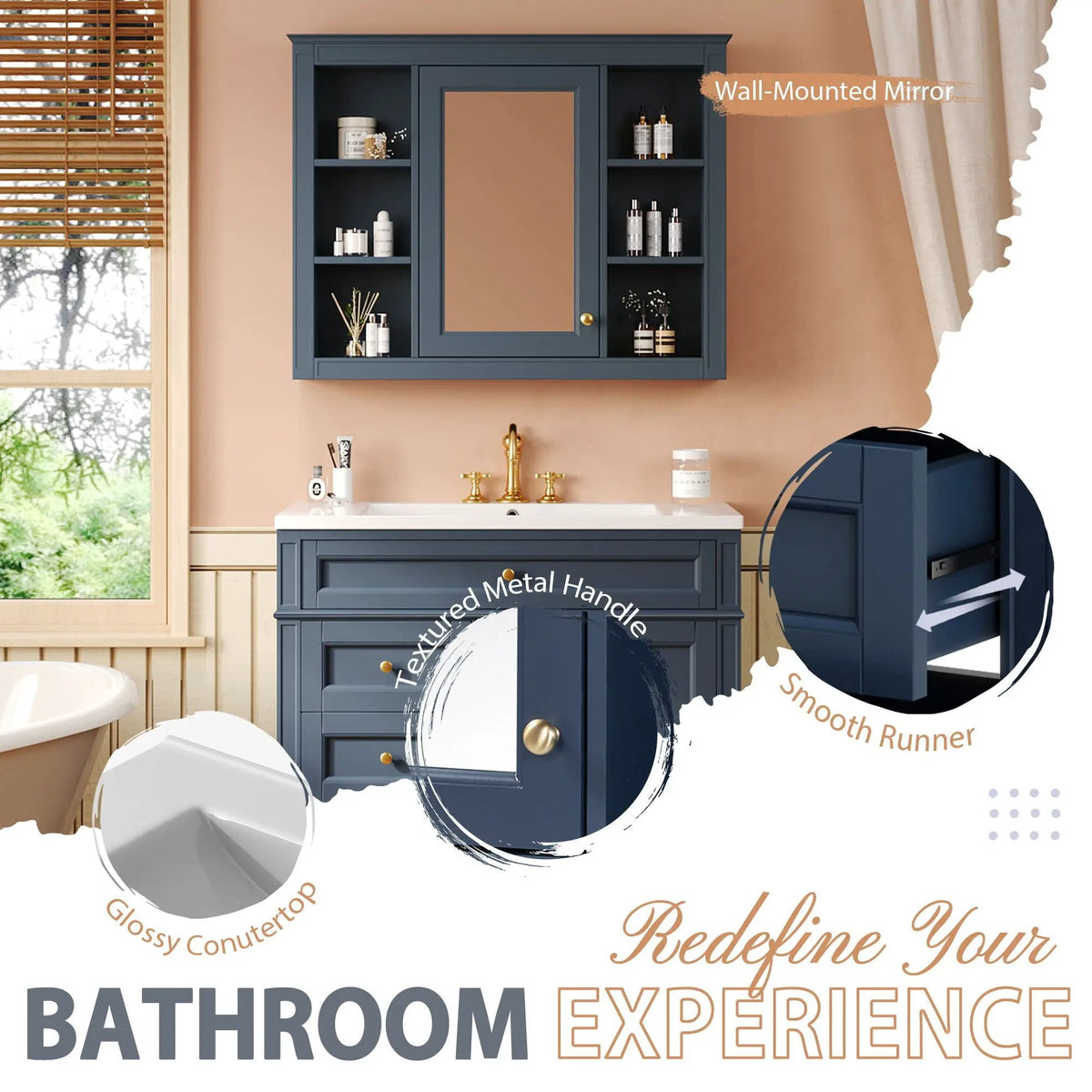 Bathroom Vanity With Mirror Cabinet, Single Sink With 2 Soft Closing Doors And 4 Drawers, photo 23 of 35