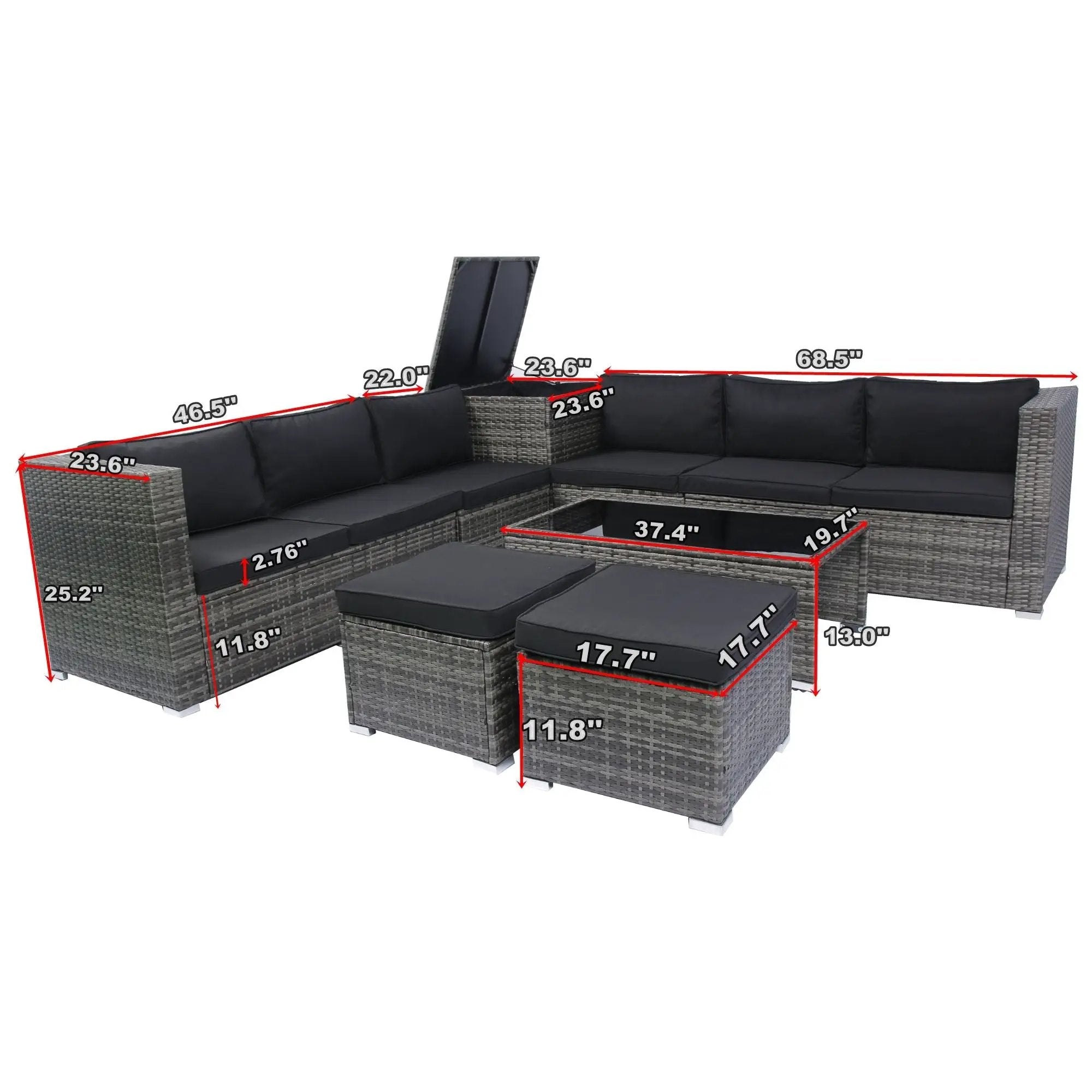 8 Piece Patio Sectional Wicker Rattan Outdoor Furniture Sof Set With One Storage Box Under Seat And Cushion Box - Gray / Black by HouseOfZazla