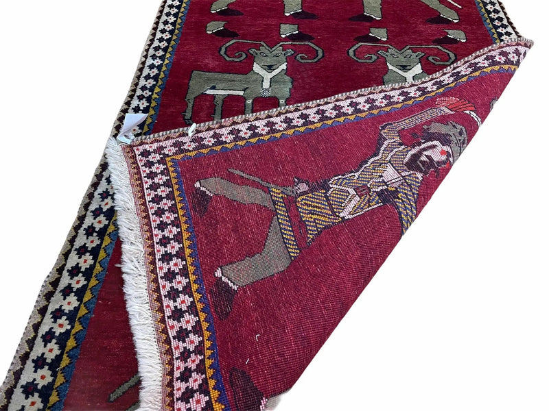 3 X 6 Handmade Wool Rug Tribal Balouch Warriors Deer Animal Pictorial Red Swords by Jewel Rugs