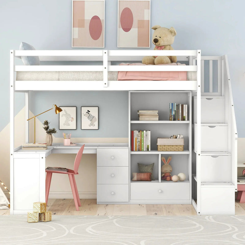Loft Bed With L Shaped Desk, Drawers, Cabinet, And Storage Staircase by Unique Piece Furniture