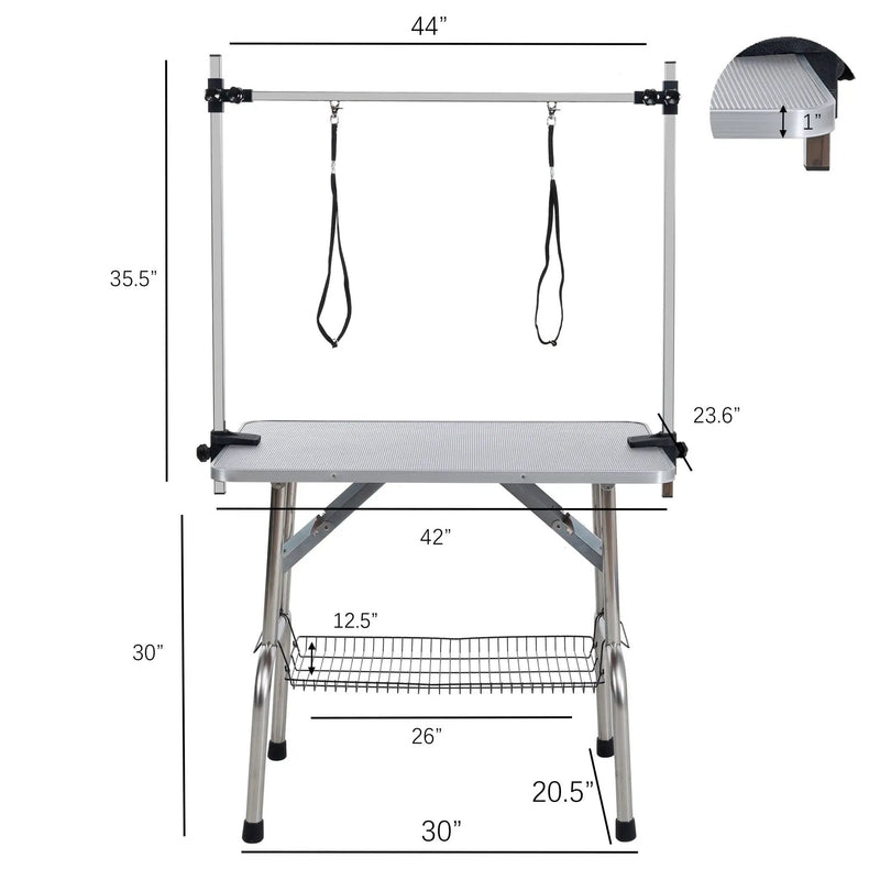 Folding Dog Pet Grooming Table Stainless Steel Frame Rubber Mat On Board With Adjustable Arm And Clamps Pet Dog Cat Grooming Table by HouseOfZazla