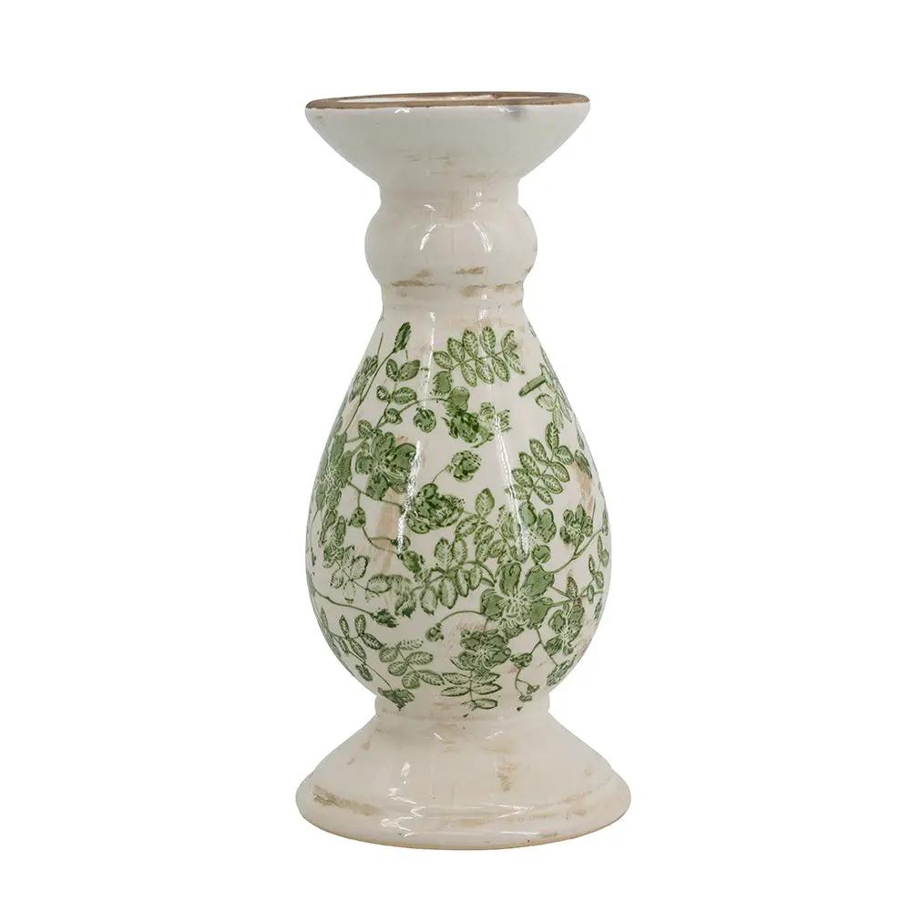 D4.7x10' White Ceramic Candle Holder with Green Floral Patterns, Small by HouseOfZazla