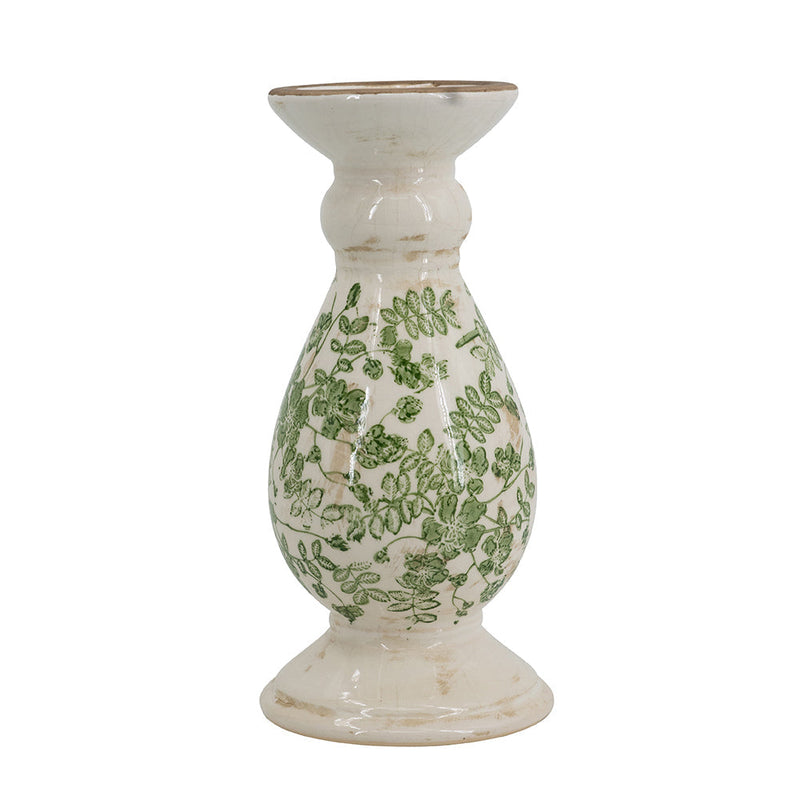 D4.7x10' White Ceramic Candle Holder with Green Floral Patterns, Small by HouseOfZazla