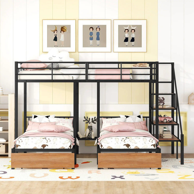 Full Over Twin-Twin Triple Bunk Bed With Drawers And Staircase - Black by Unique Piece Furniture