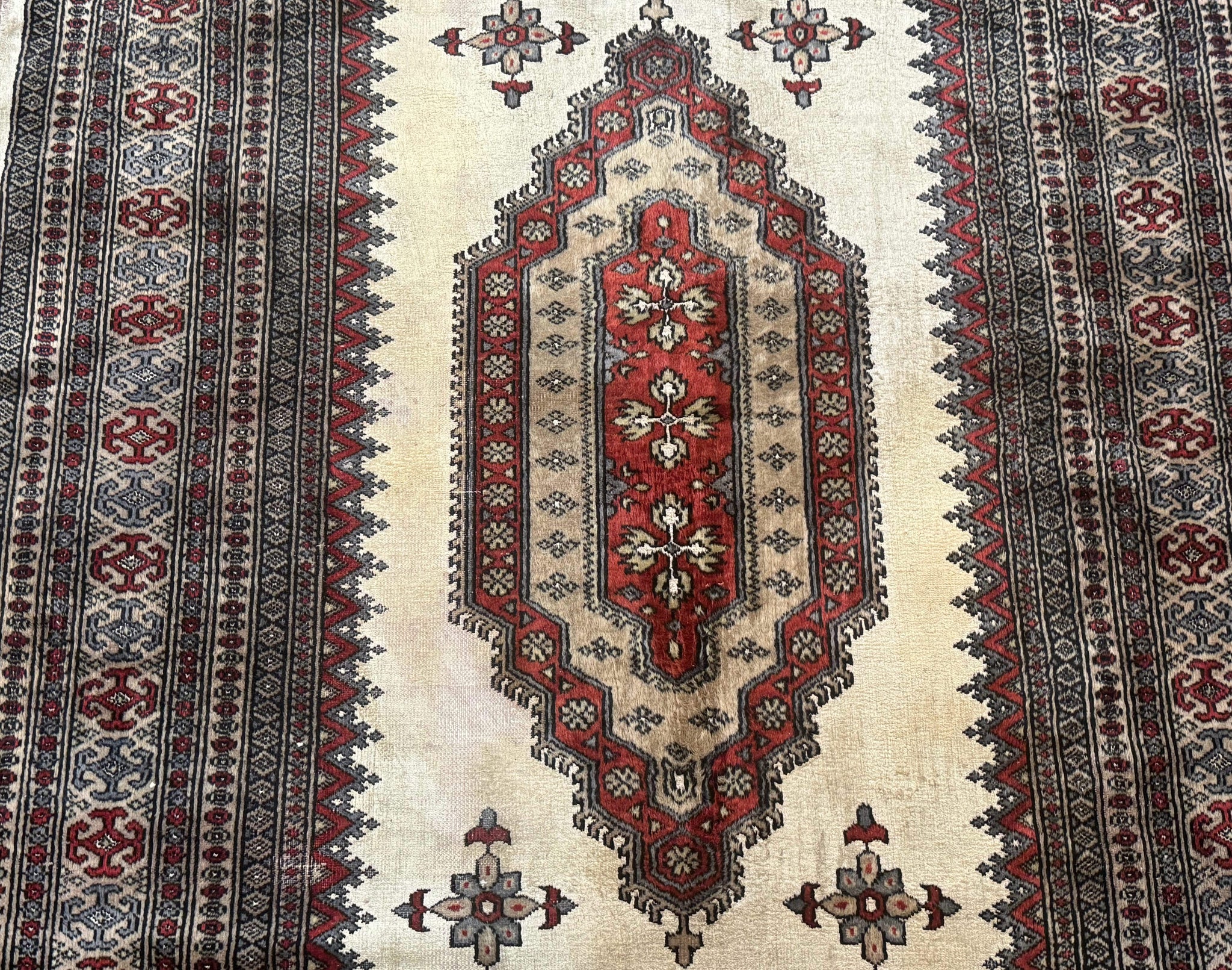 Pakistani Turkoman Rug 4x6, Semi Open Field, Ivory, Vintage by Jewel Rugs