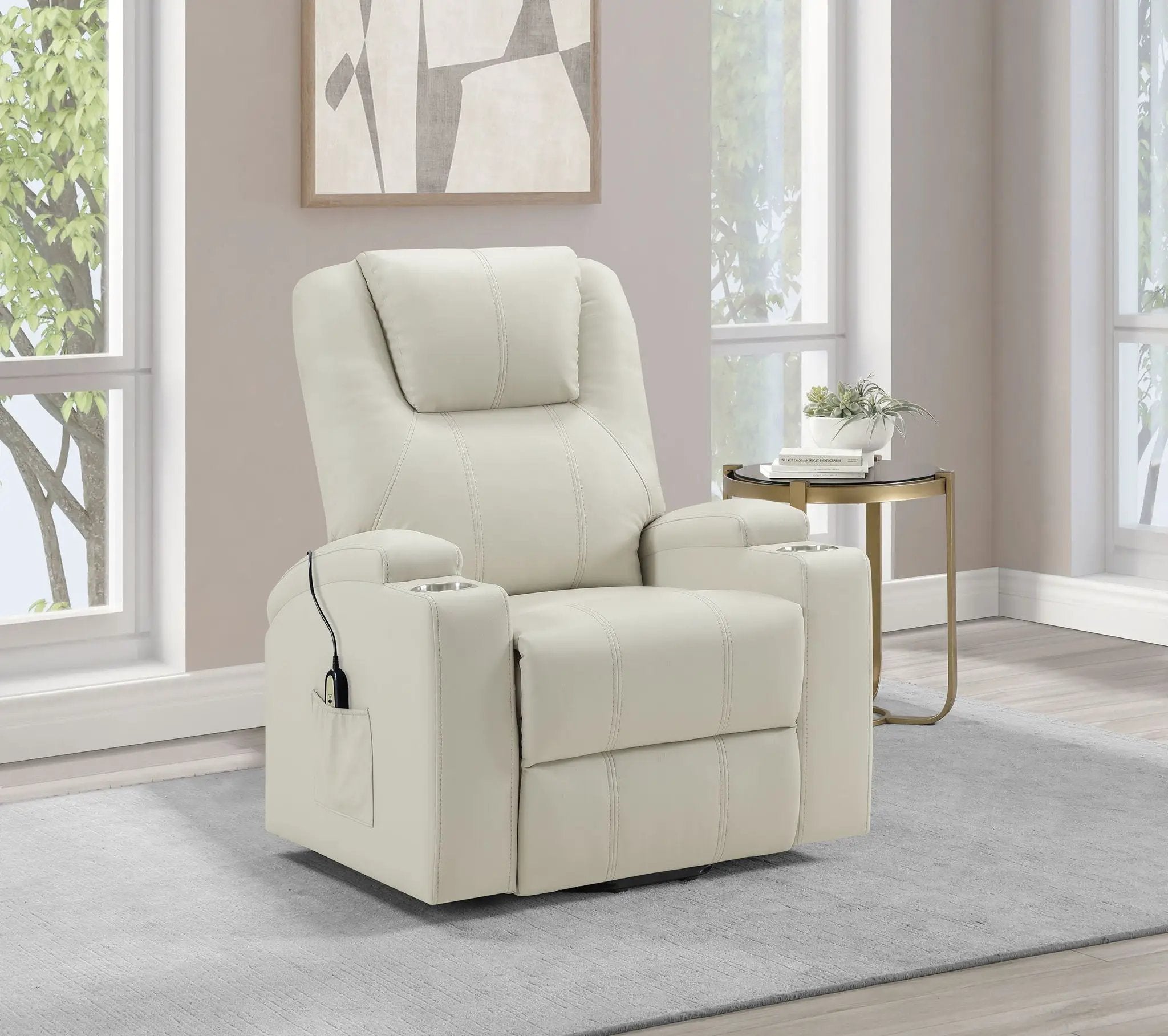 Armstrong Upholstered Power Lift Massage Recliner Ivory by Unique Piece Furniture