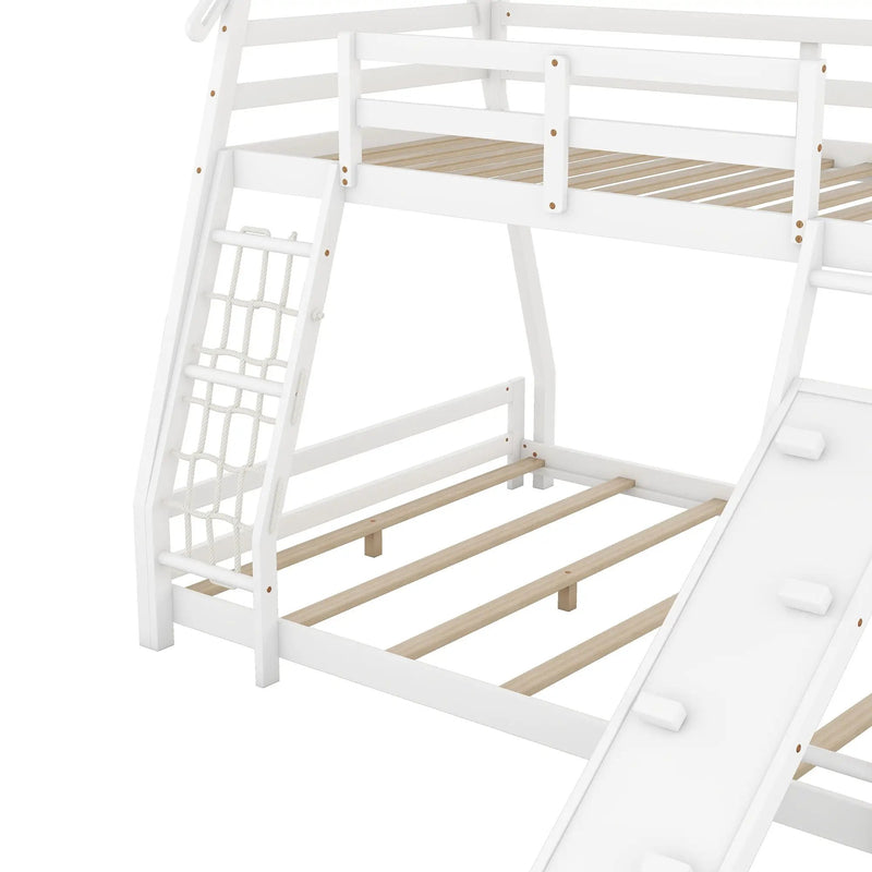 Twin Over Queen House Bunk Bed With Climbing Nets And Climbing Ramp by Unique Piece Furniture