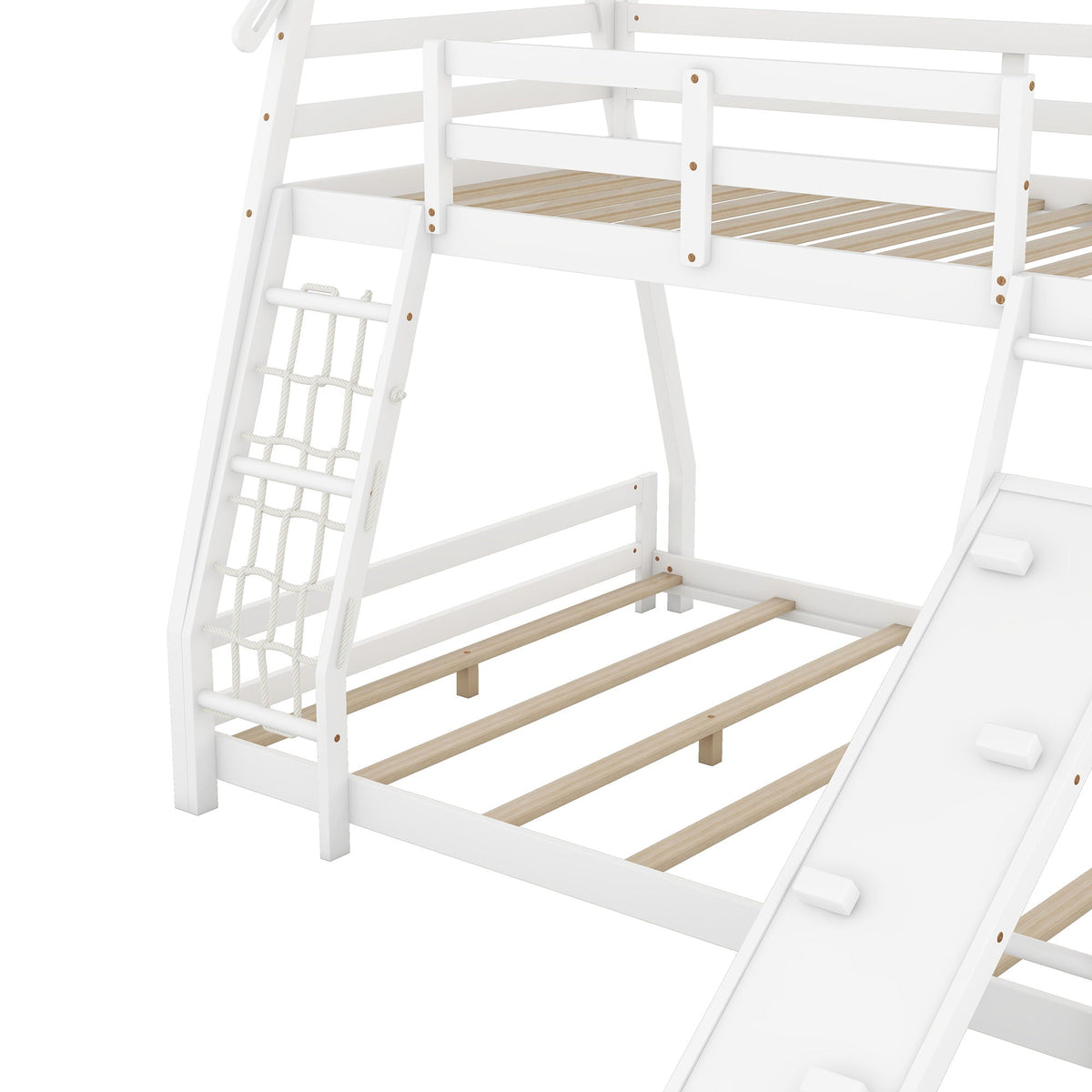 Twin Over Queen House Bunk Bed with Climbing Nets and Ramp - White or Light Brown, photo 12 of 14